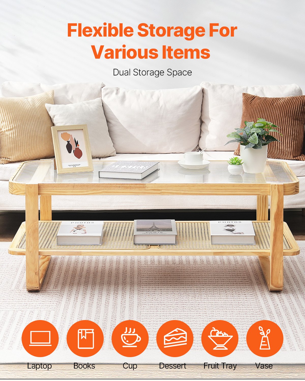 VEVOR Rattan Coffee Table, Rectangular Coffee Table Made of Woven Rattan Wood with Tempered Glass Tabletop, 115 cm, Modern Boho Coffee Table with Storage & Natural Wood Legs, Living Room