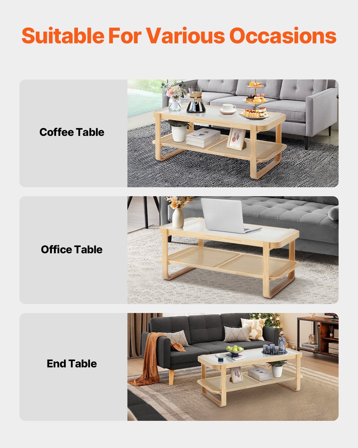 VEVOR Rattan Coffee Table, Rectangular Coffee Table Made of Woven Rattan Wood with Tempered Glass Tabletop, 115 cm, Modern Boho Coffee Table with Storage & Natural Wood Legs, Living Room