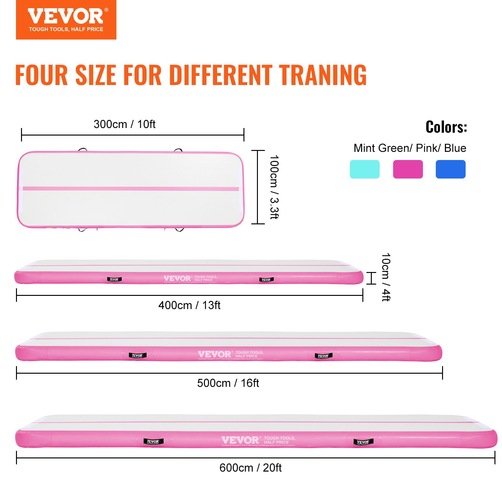 VEVOR Gymnastik-Luftmatte Aufblasbare Gymnastik-Tumbling-Matte, Tumbling-Bahn mit Elektrischer Pumpe, 498 x 101 x 10 cm Trainingsmatten für den Heimgebrauch/Fitnessstudio/Yoga/Cheerleading Pink