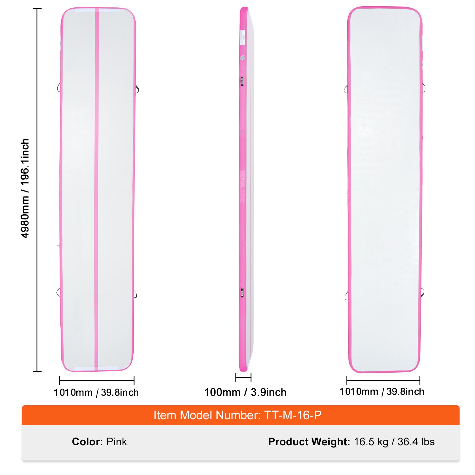 VEVOR Gymnastik-Luftmatte Aufblasbare Gymnastik-Tumbling-Matte, Tumbling-Bahn mit Elektrischer Pumpe, 498 x 101 x 10 cm Trainingsmatten für den Heimgebrauch/Fitnessstudio/Yoga/Cheerleading Pink