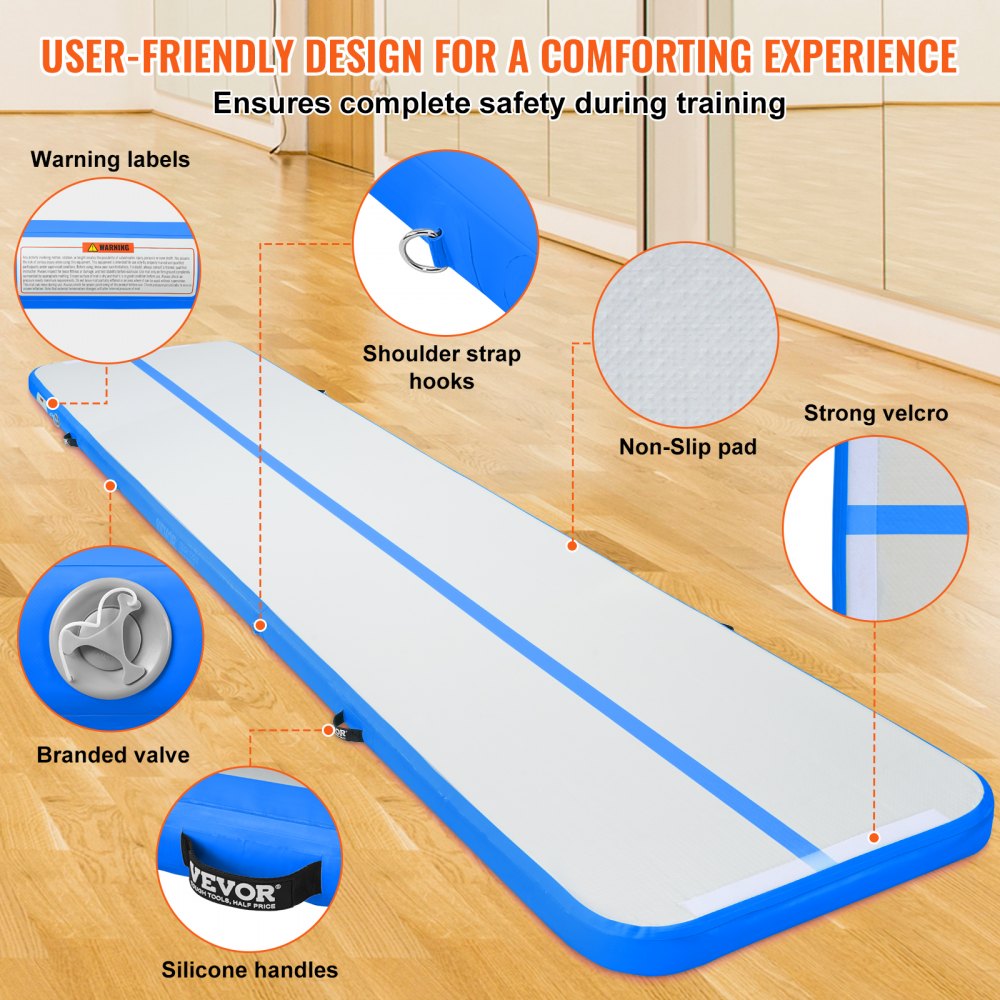VEVOR Gymnastik-Luftmatte Aufblasbare Gymnastik-Tumbling-Matte, Tumbling-Bahn mit Elektrischer Pumpe, 498 x 101 x 10 cm Trainingsmatten für den Heimgebrauch/Fitnessstudio/Yoga/Cheerleading Blau