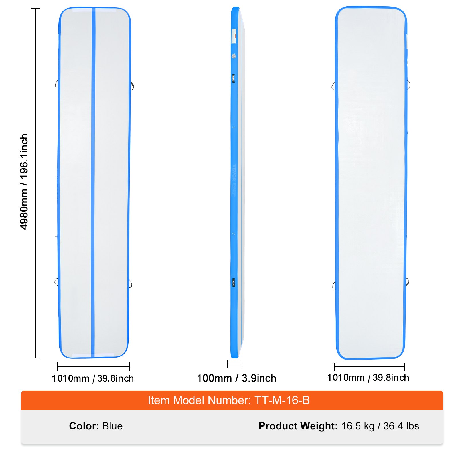 VEVOR Gymnastik-Luftmatte Aufblasbare Gymnastik-Tumbling-Matte, Tumbling-Bahn mit Elektrischer Pumpe, 498 x 101 x 10 cm Trainingsmatten für den Heimgebrauch/Fitnessstudio/Yoga/Cheerleading Blau