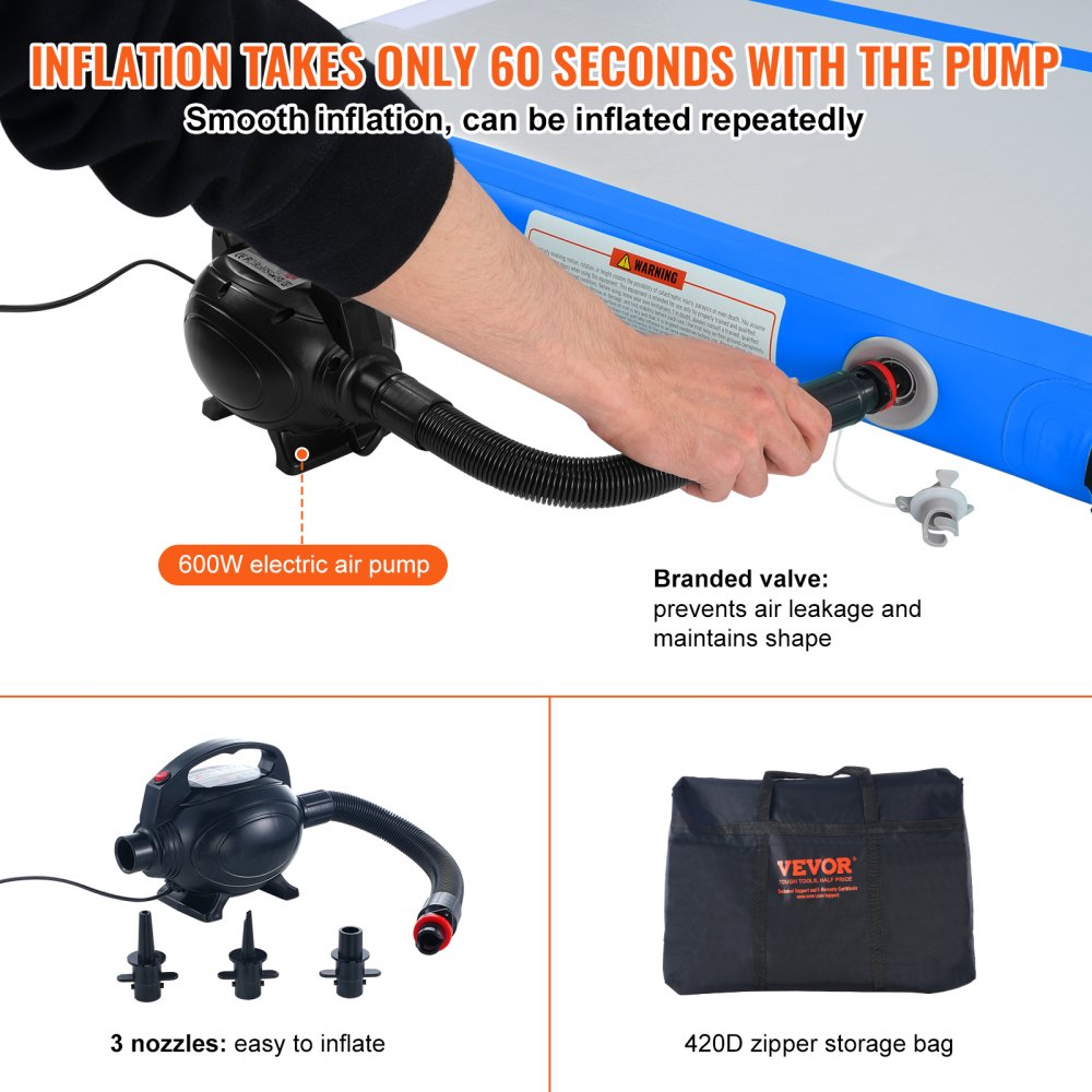 VEVOR Gymnastik-Luftmatte Aufblasbare Gymnastik-Tumbling-Matte, Tumbling-Bahn mit Elektrischer Pumpe, 598 x 101 x 10 cm Trainingsmatten für den Heimgebrauch/Fitnessstudio/Yoga/Cheerleading Blau