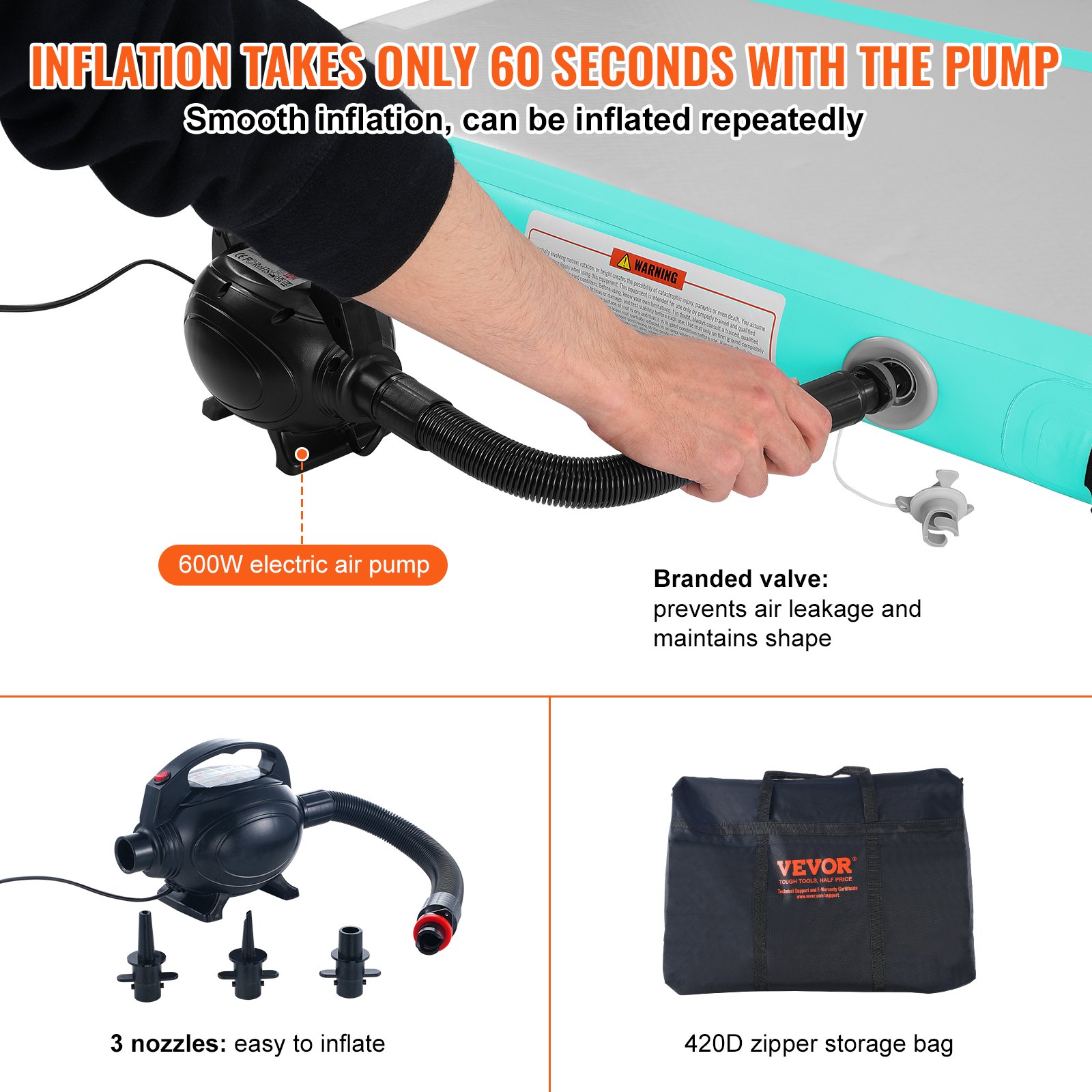 VEVOR Gymnastik-Luftmatte Aufblasbare Gymnastik-Tumbling-Matte, Tumbling-Bahn mit Elektrischer Pumpe, 598 x 101 x 10 cm Trainingsmatten für den Heimgebrauch/Fitnessstudio/Yoga/Cheerleading Grün