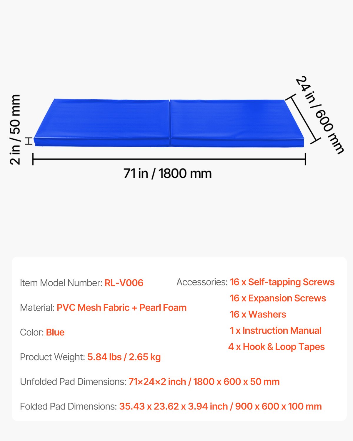 VEVOR Wandpolster für Fitnessstudios (180 x 60 x 5 cm) reißfeste Wandmatte, abnehmbare Schaumstoffpolsterung mit hoher Dichte zur Wandmontage für Basketballplätze, Schutzpolster für Keller Blau