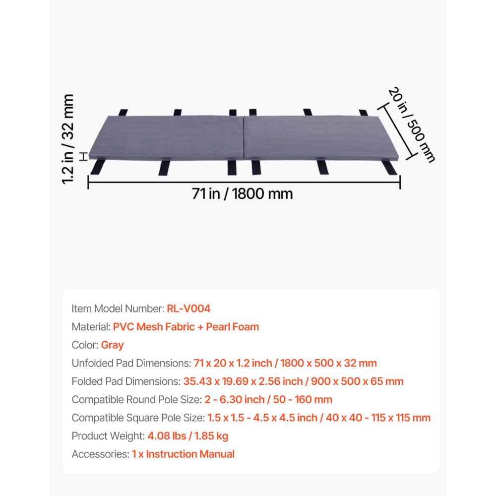 VEVOR Basketball Polster (180 cm hoch) Polsterung kompatibel mit quadratischen Stangen (40 x 40 bis 115 x 115 mm) und runden Stangen (Außendurchmesser 50–160 mm) Schutzpolsterung für Keller Grau