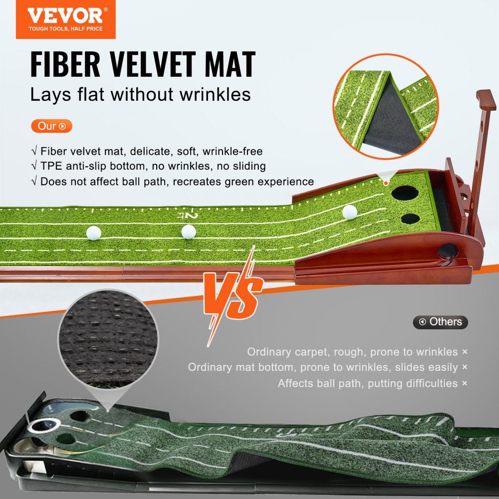 VEVOR Golf Puttingmatte, Golfmatte mit 2 Löchern, Indoor/Outdoor Golf Übungsmatte, Minigolf-Set mit automatischer Ballrückführung, Ausrichtungsleitfaden, Holzbasis, Golf-Trainingsgeräte, Grün