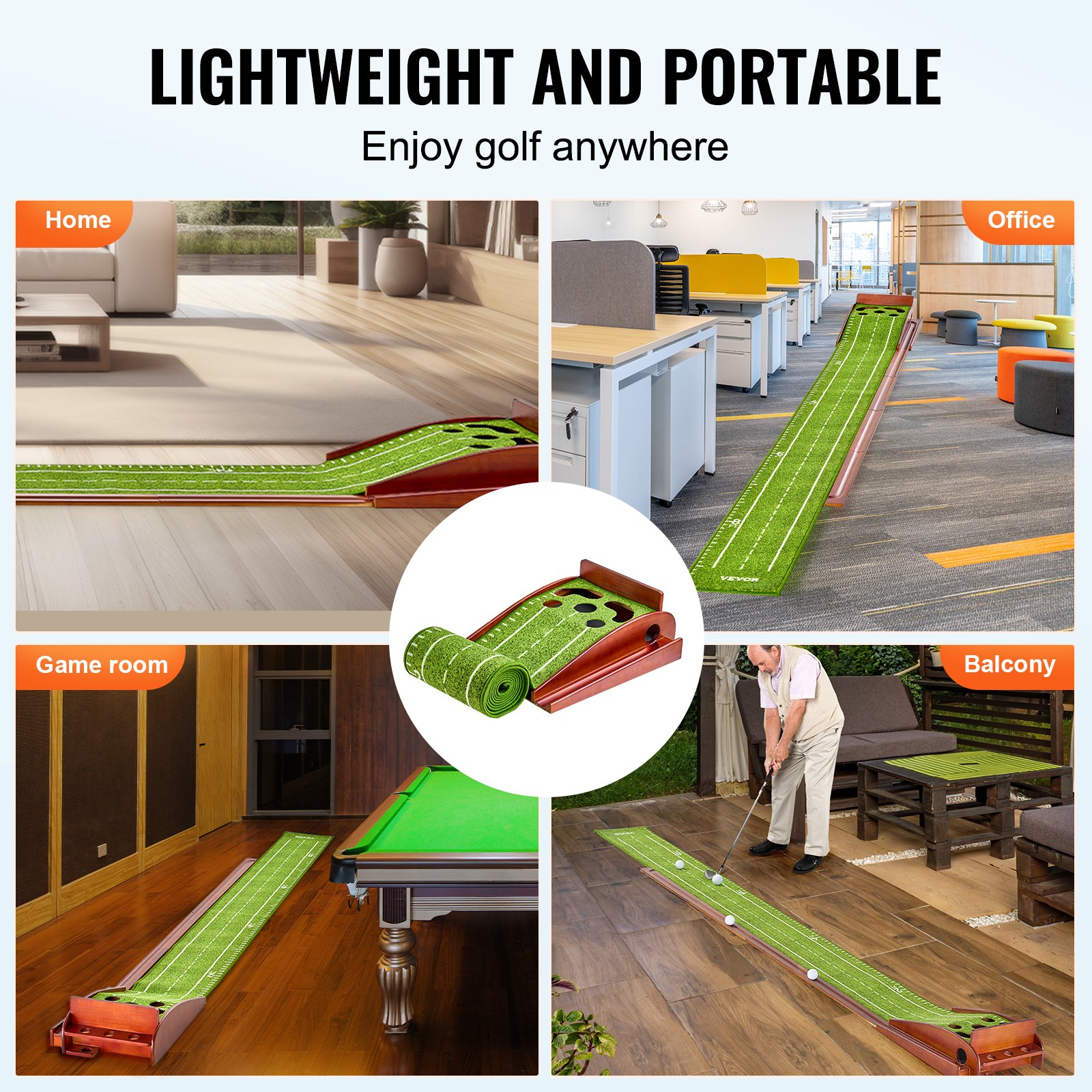 VEVOR Golf Puttingmatte, Golfmatte mit 5 Löchern, Indoor Golf Übungsmatte, Minigolf-Set mit automatischer Ballrückführung, Ausrichtungsleitfaden, 3 Bällen, Holzbasis, Golf-Trainingsgeräte