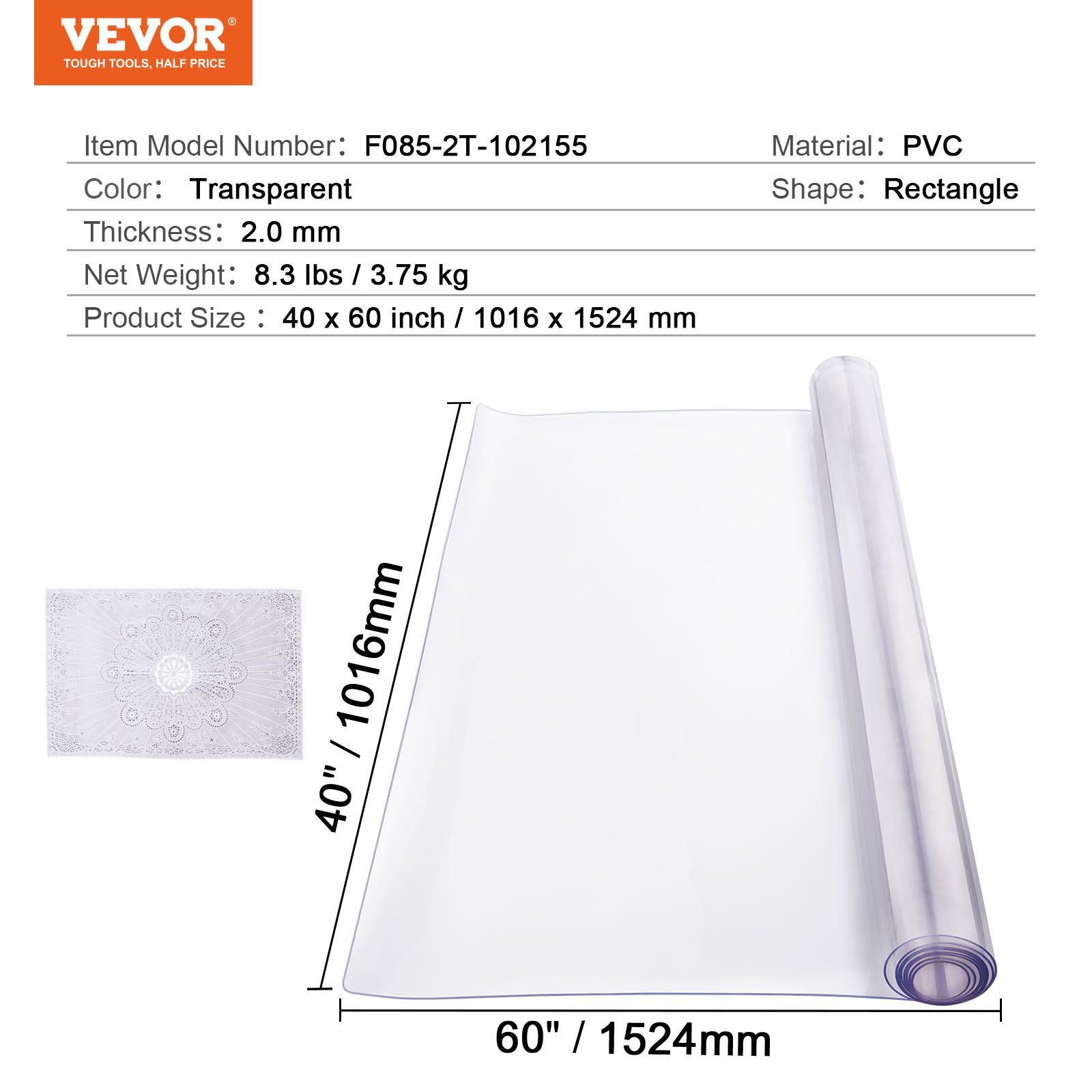 VEVOR Plastic Tablecloth, 40 x 60 inches, 2.0 mm thick, transparent table protector, rectangular PVC desk mat, waterproof and easy-to-clean desk pad, tablecloth, for office, dresser, dining table, nightstand