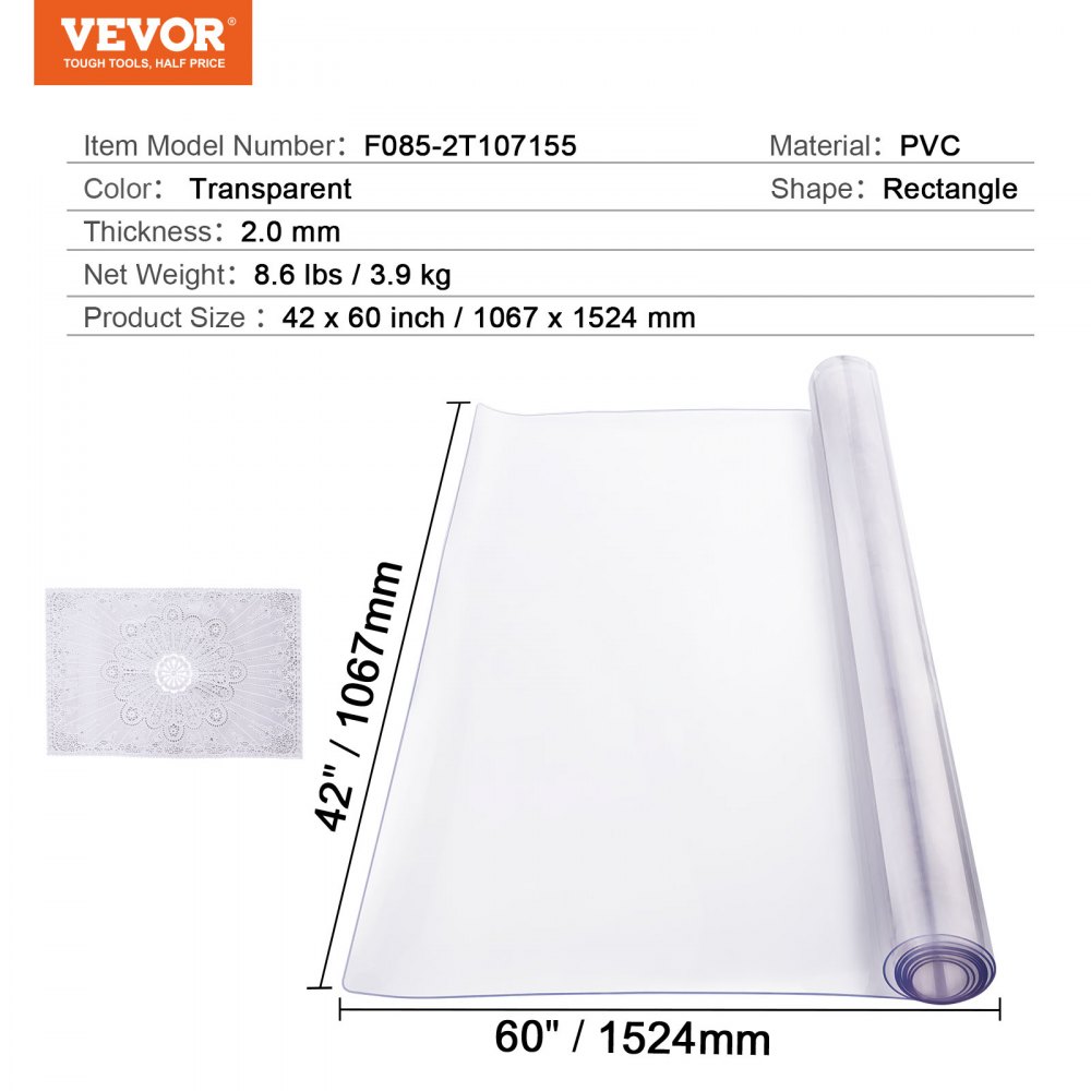 VEVOR Kunststoff-Tischdecke, 42 x 60 Zoll, 2,0 mm dick, transparenter Tischschutz, rechteckige PVC-Schreibtischunterlage, wasserdichte und leicht zu reinigende Schreibtischunterlage, Tischdecke, für Büro, Kommode, Esszimmertisch, Nachttisch