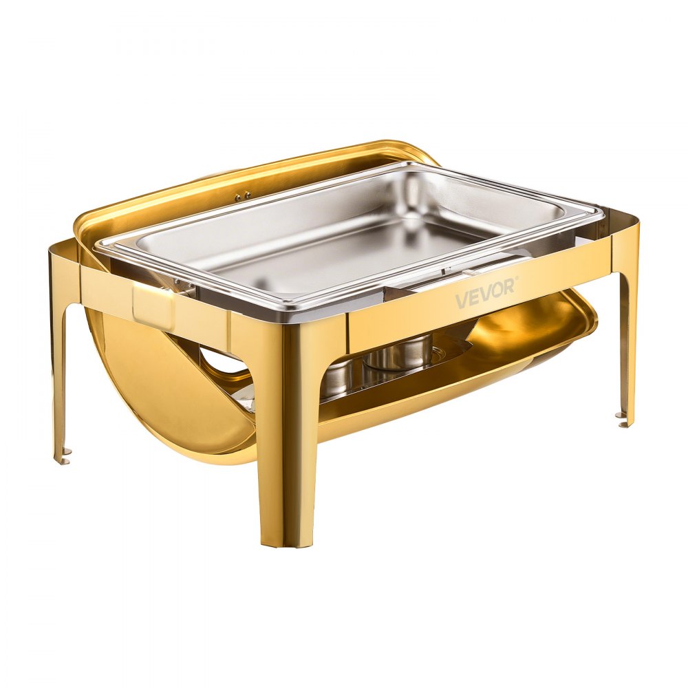 VEVOR Chafing Dish Set, Stainless Steel Food Warmer with Full-Size Pans (8.5 L), Rectangular Heater with Visible Lid, Water Pan Stand, and Fuel Holder, for Parties, Gold