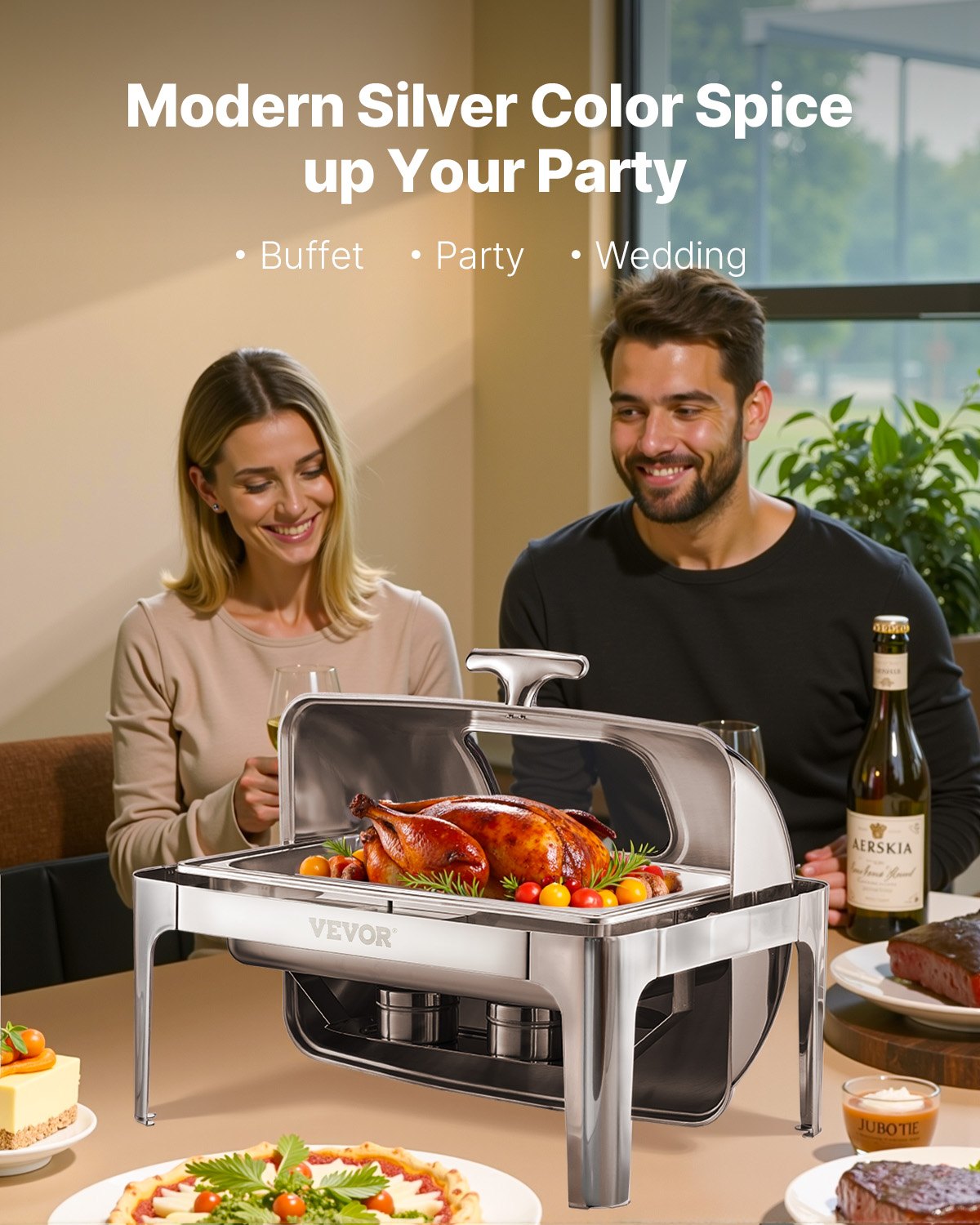 VEVOR Chafing Dish Set Speisenwärmer Edelstahl mit 2 Pfannen in halber Größe (3,9 L), rechteckiger Wärmespender mit sichtbarem Deckel & Wasserpfannenständer & Brennstoffhalter, für Partys Silber