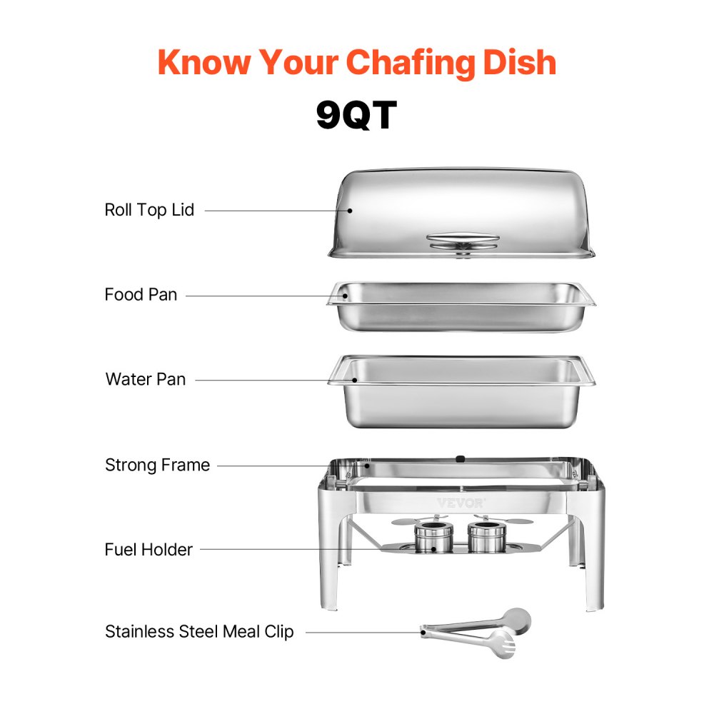 VEVOR Chafing Dish Set, Stainless Steel Food Warmer with Full-Size Pans (8.5 L), Rectangular Heater with Roll-Top Lid, Water Pan Stand, and Fuel Holder, for Buffets, Silver