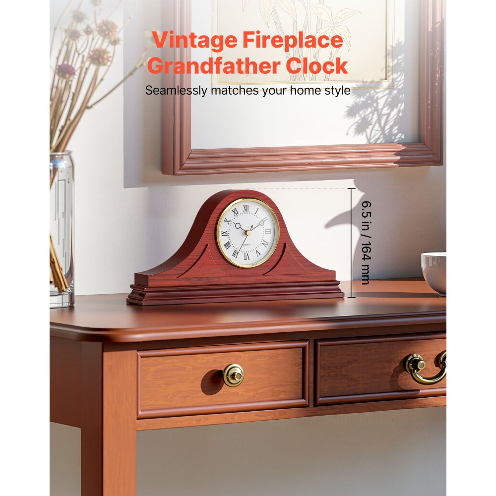 VEVOR Tischuhr Vintage, 335x60x164 mm, klassische Kaminuhr aus MDF mit eingebautem Quarzwerk, für Wohnzimmer, Schlafzimmer, Heimdekoration und Geschenk (Kirschfarben-Finish)