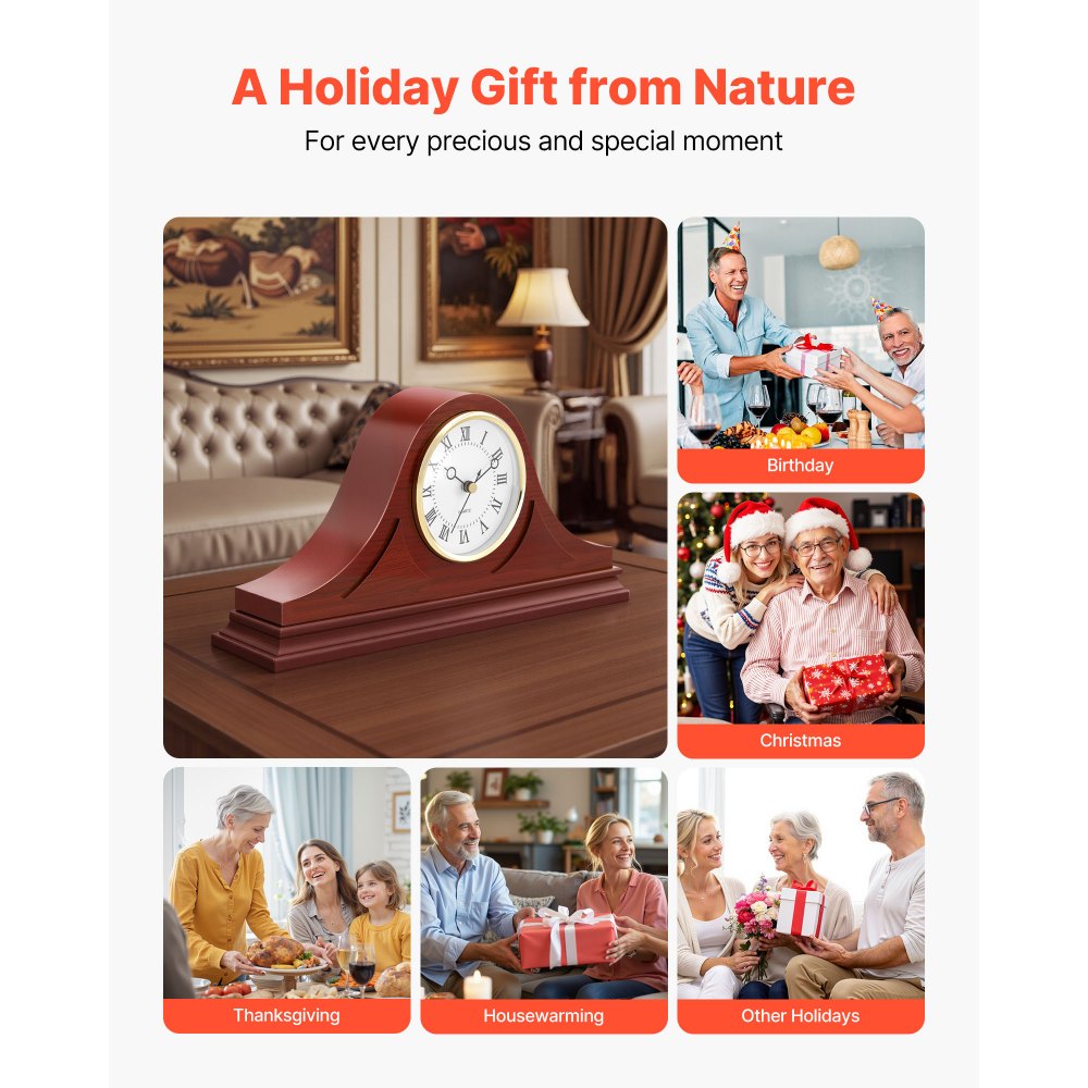 VEVOR Tischuhr Vintage, 335x60x164 mm, klassische Kaminuhr aus MDF mit eingebautem Quarzwerk, für Wohnzimmer, Schlafzimmer, Heimdekoration und Geschenk (Kirschfarben-Finish)