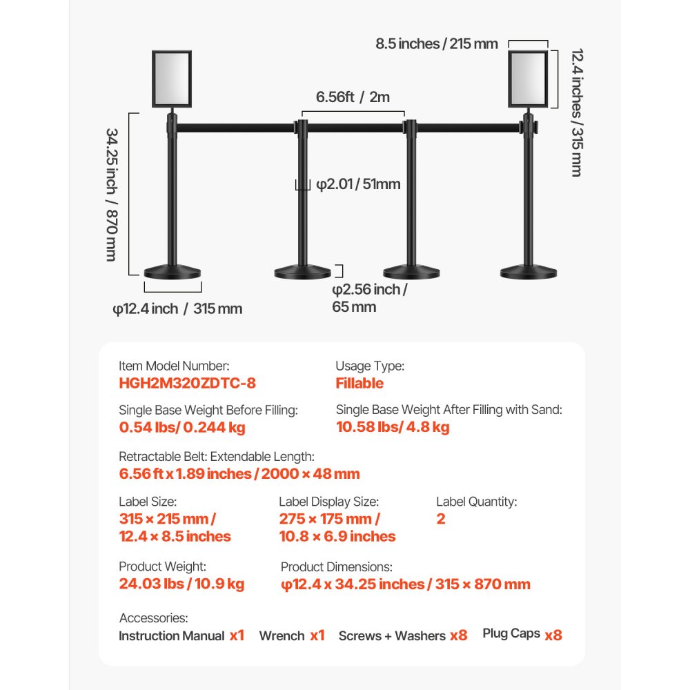 VEVOR Crowd Control Posts (8 pcs) with 8 retractable straps & 2 sign holders, carbon steel barrier posts with refillable base for exhibitions