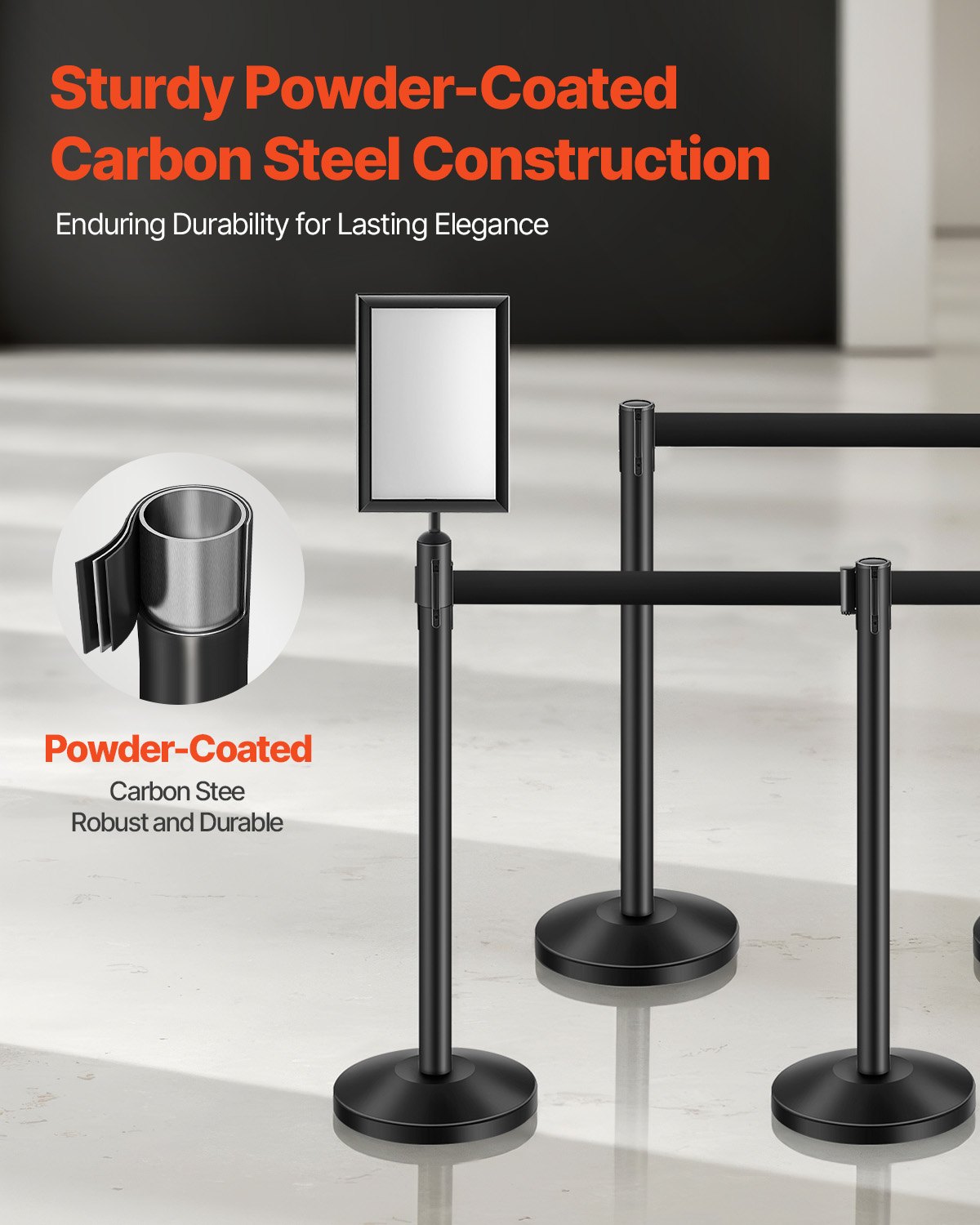 VEVOR Crowd Control Posts (8 pcs) with 8 retractable straps & 2 sign holders, carbon steel barrier posts with refillable base for exhibitions