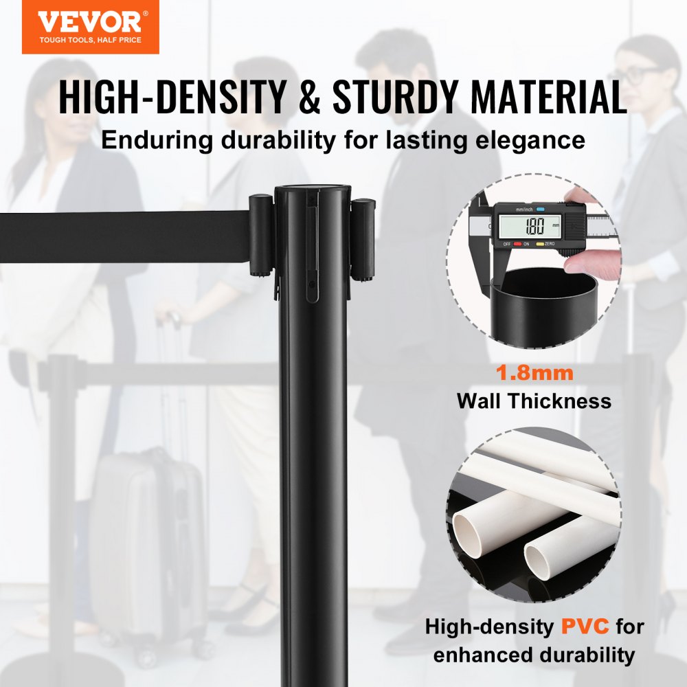 VEVOR Personenleitsystem Absperrband Absperrständer 8-teilig, 2 m x 48 mm Schwarzer Einziehbarer Gürtel, PVC Personenleitsystem Absperrpfosten Geeignet für Flughäfen, Messen, Wettkampforte