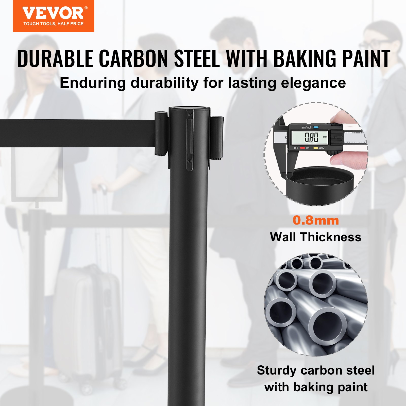 VEVOR Personenleitsystem Absperrband Absperrständer 6-teilig, 2 m x 48 mm Schwarzer Einziehbarer Gürtel, Personenleitsystem Absperrpfosten mit Schildern für Flughäfen, Messen, Wettkampforte usw.
