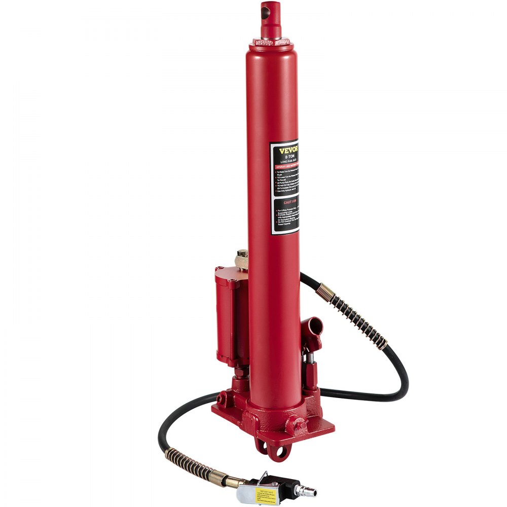 VEVOR 8-ton hydraulic pneumatic trolley jack with long piston, single piston pump, and clevis base; manual lifting platform with handle, for garages and workshops; engine lift, red