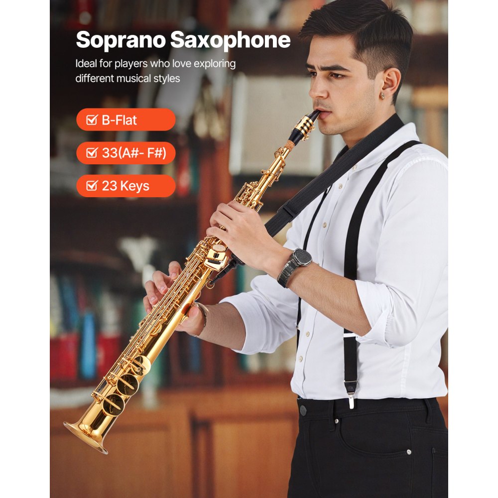 VEVOR Sopransaxophon, B-Dur, Messing-Saxophon-Anfängerset mit Tragetasche, Mundstück, Reinigungstuch, Stab, Handschuhen, Umhängeband, 23-Tasten-Sax-Set, für Anfänger & Schüler, Gold