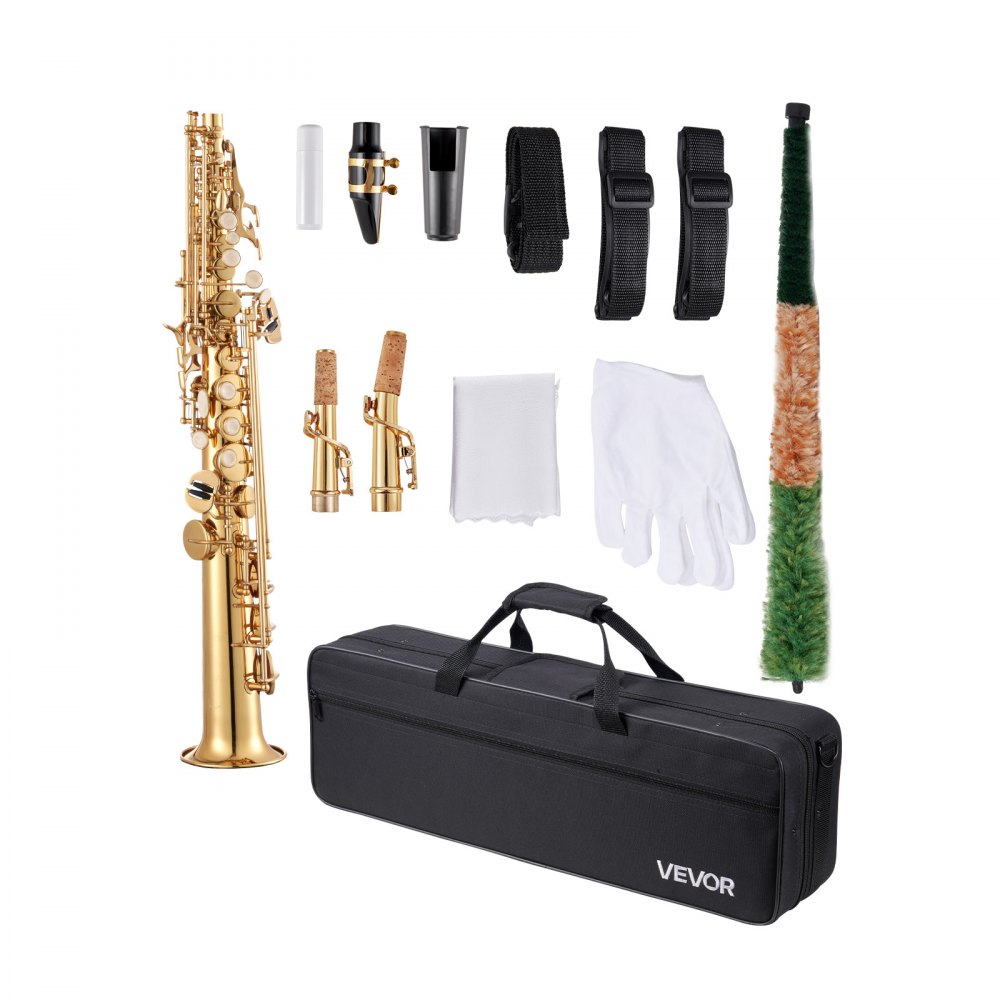 VEVOR Sopransaxophon, B-Dur, Messing-Saxophon-Anfängerset mit Tragetasche, Mundstück, Reinigungstuch, Stab, Handschuhen, Umhängeband, 23-Tasten-Sax-Set, für Anfänger & Schüler, Gold