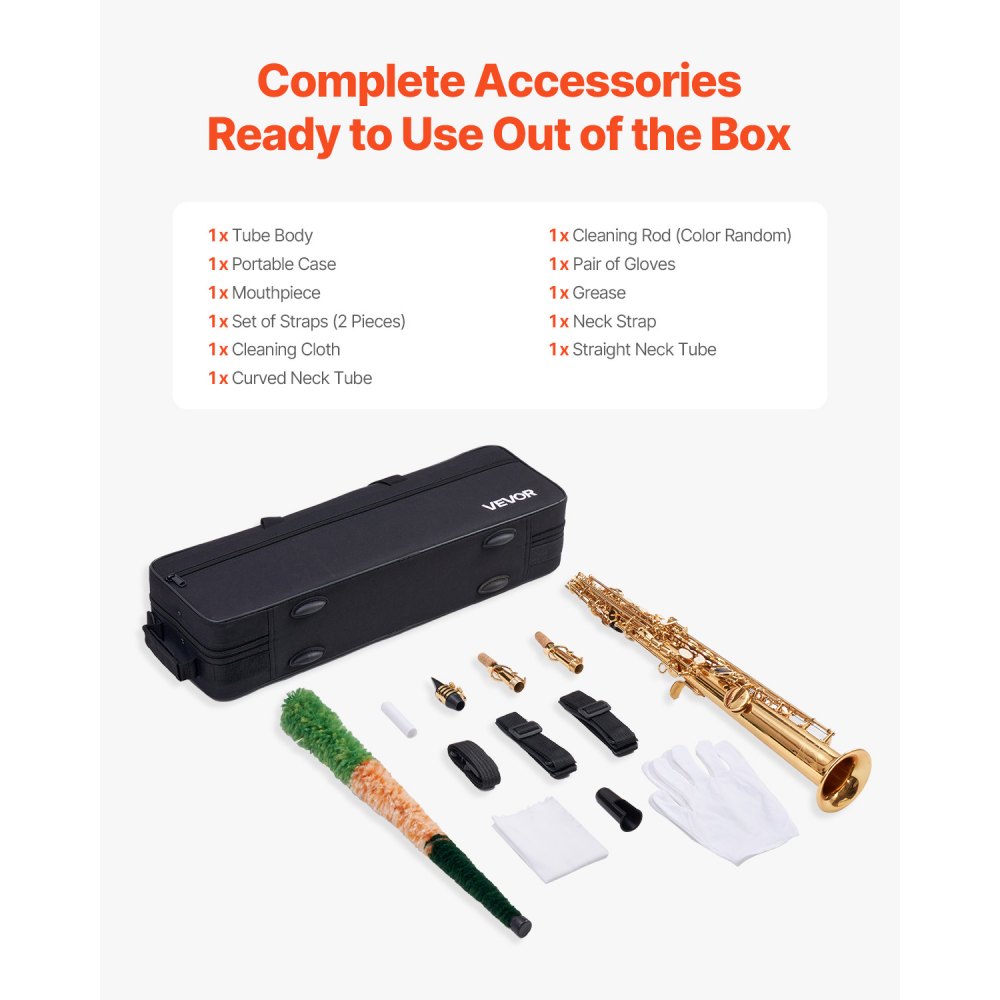 VEVOR Soprano Saxophone, B-flat Major, Brass Saxophone Beginner Set with Carrying Case, Mouthpiece, Cleaning Cloth, Stick, Gloves, Neck Strap, 23-Key Sax Set, for Beginners & Students, Gold