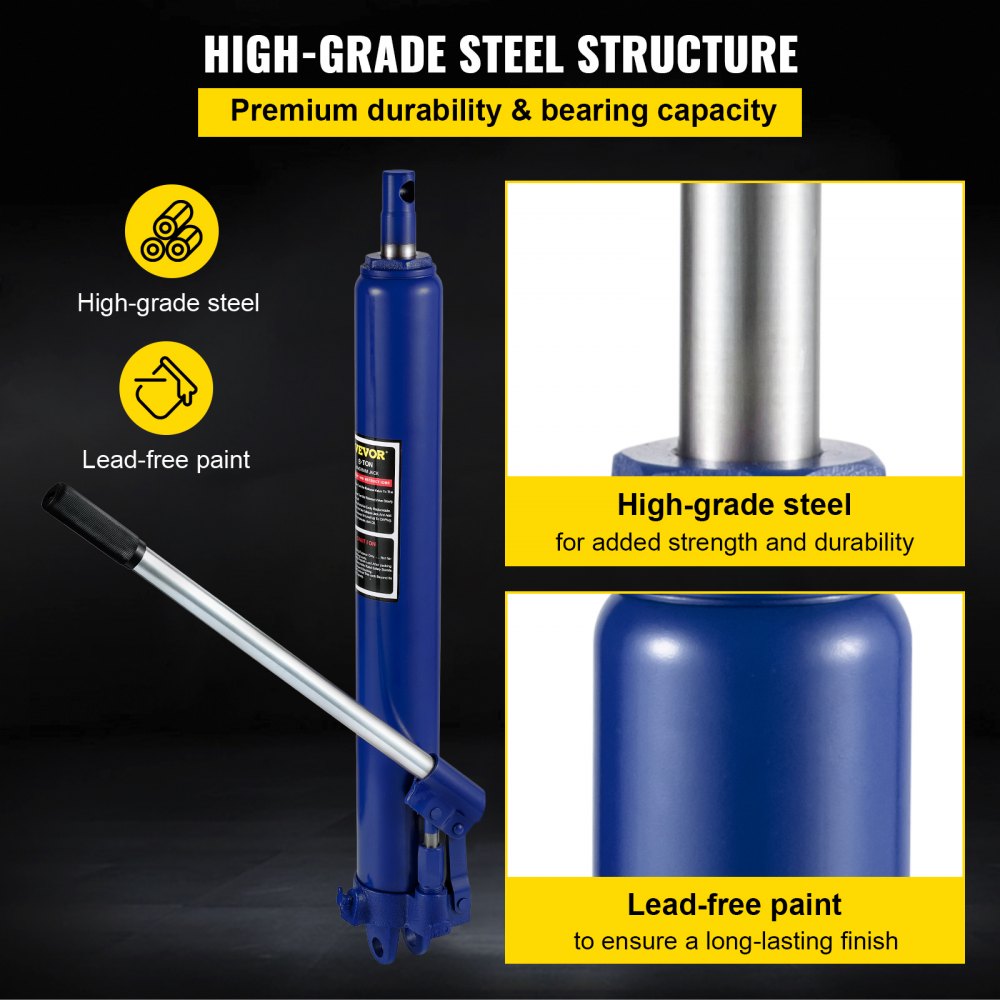 VEVOR Hydraulic Long Ram Jack, 8 t Capacity, with Single Piston Pump and Clevis Base, Manual Aerial Work Platform Jack with Handle, for Garage/Shop Cranes, Engine Lift, Blue