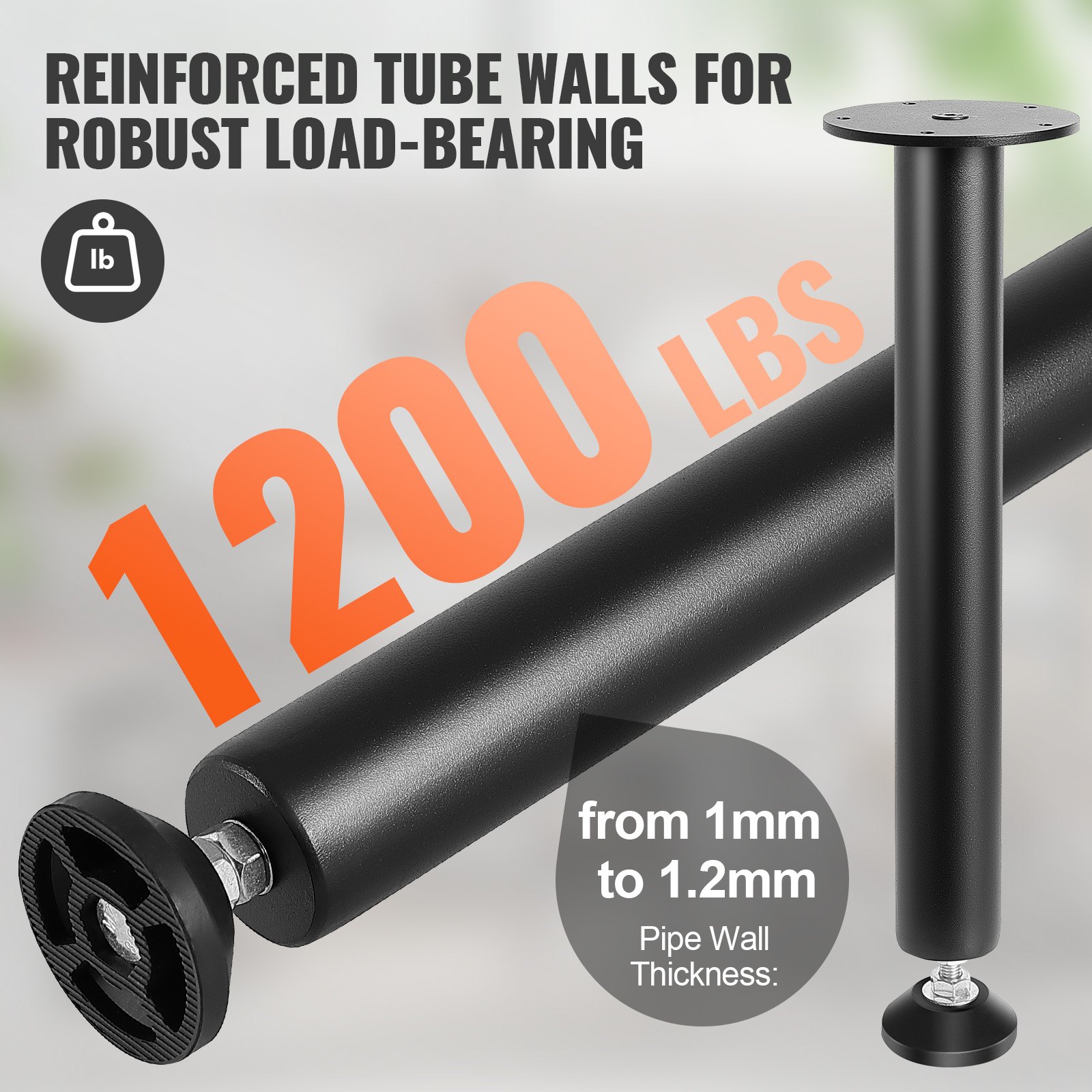 VEVOR 4er-Set Tischbeine Höhenverstellbar Tischkufen 406mm hoch 110mm Montageplatte Kohlenstoffstahl mattschwarze Pulverbeschichtung Tischfüße mit Gummifußpolster 544kg Tragfähigkeit