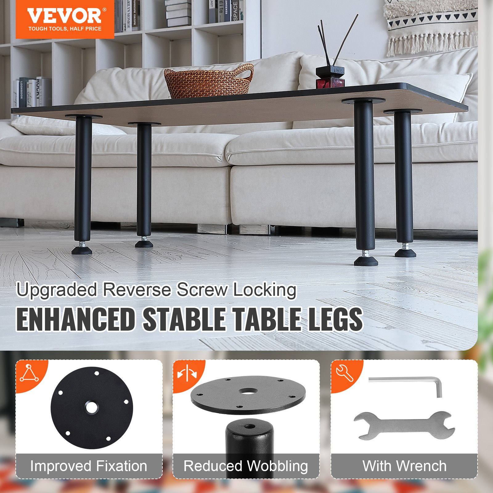 VEVOR 4-piece set of height-adjustable table legs, 406mm high, 110mm mounting plate, carbon steel, matte black powder coating, table feet with rubber feet, 544kg load capacity