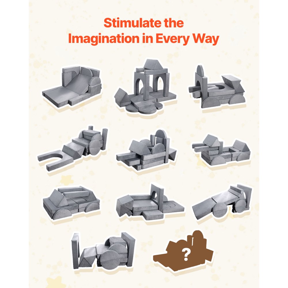 VEVOR modulare Spielcouch Anbausofa für Kleinkinder mit Armlehnen, 28D-Schwamm und Kurzflor, umwandelbare modulare Kindercouch zum Selbermachen, für Spielzimmer Schlafzimmer, 14-teilig, Grau