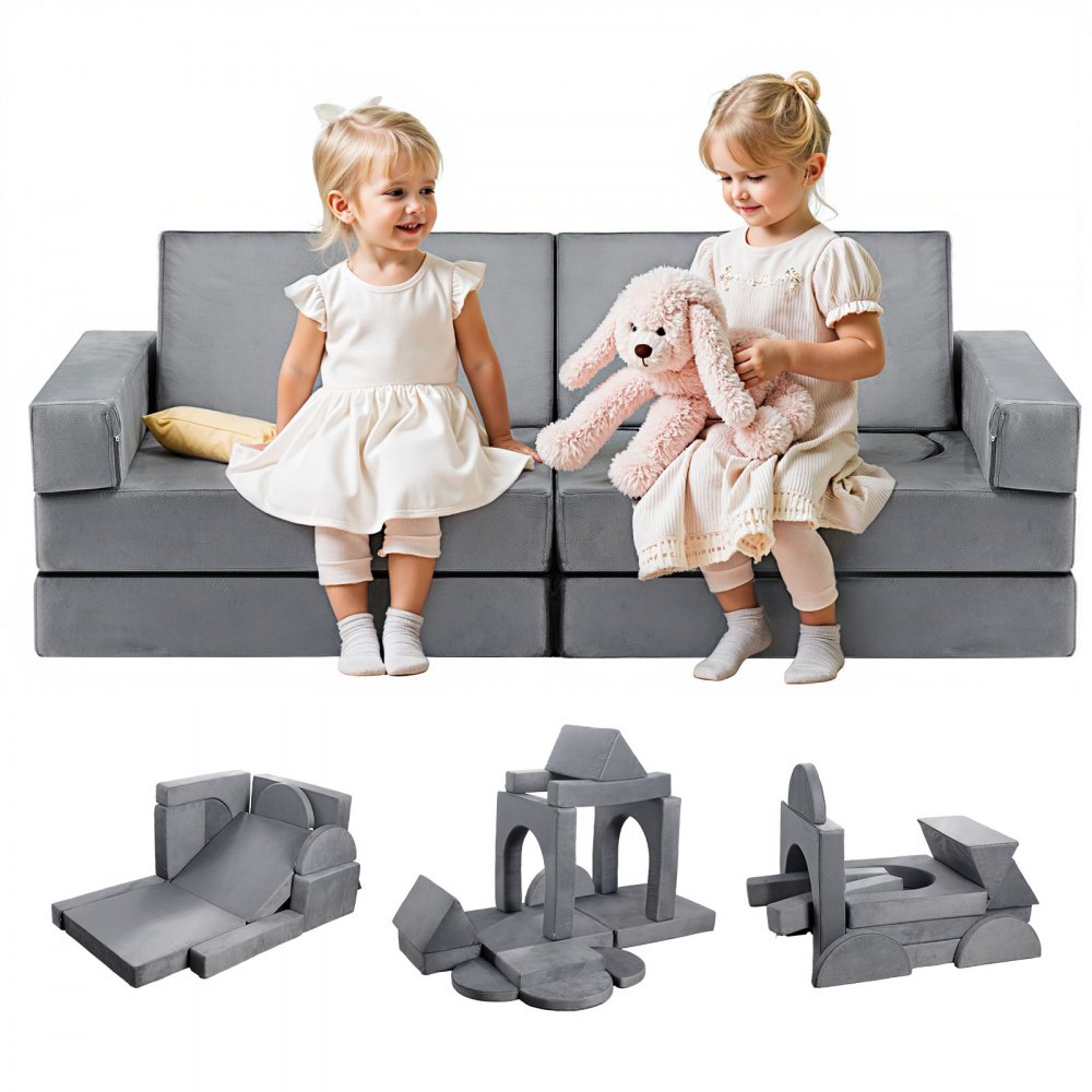 VEVOR modulare Spielcouch Anbausofa für Kleinkinder mit Armlehnen, 28D-Schwamm und Kurzflor, umwandelbare modulare Kindercouch zum Selbermachen, für Spielzimmer Schlafzimmer, 14-teilig, Grau