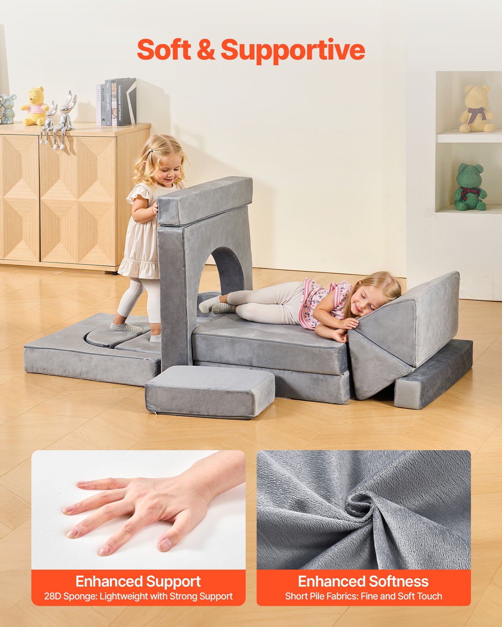VEVOR modulare Spielcouch Anbausofa für Kleinkinder mit Armlehnen, 28D-Schwamm und Kurzflor, umwandelbare modulare Kindercouch zum Selbermachen, für Spielzimmer Schlafzimmer, 14-teilig, Grau