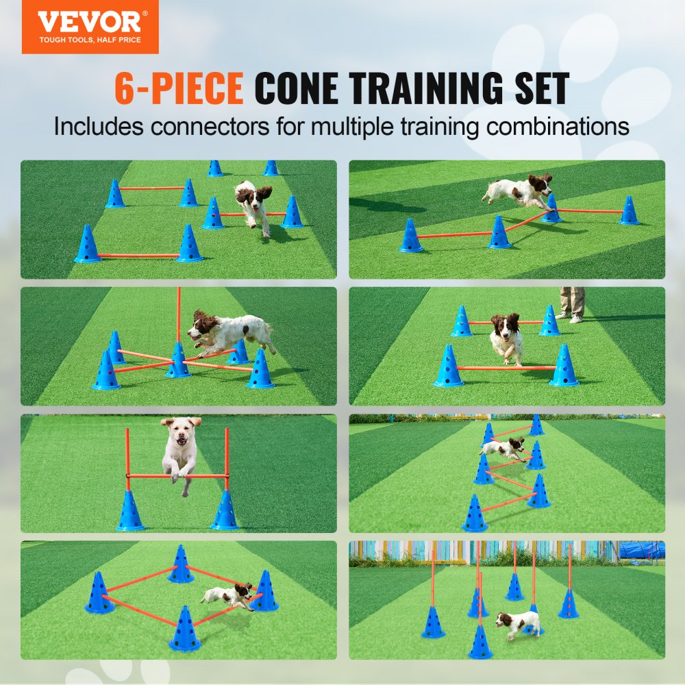 VEVOR Agility-Hürdenkegel-Set für Hunde, 6-teiliges Set – 12 x Kegel, 6 x Agility-Stangen, Agility-Trainingsgerät mit höhenverstellbarer Querstange, Starthilfe für Hindernisparcours für Welpen mit Aufbewahrungstasche für Kegel