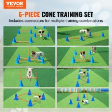 VEVOR Agility-Hürdenkegel-Set für Hunde, 6-teiliges Set – 12 x Kegel, 6 x Agility-Stangen, Agility-Trainingsgerät mit höhenverstellbarer Querstange, Starthilfe für Hindernisparcours für Welpen mit Aufbewahrungstasche für Kegel