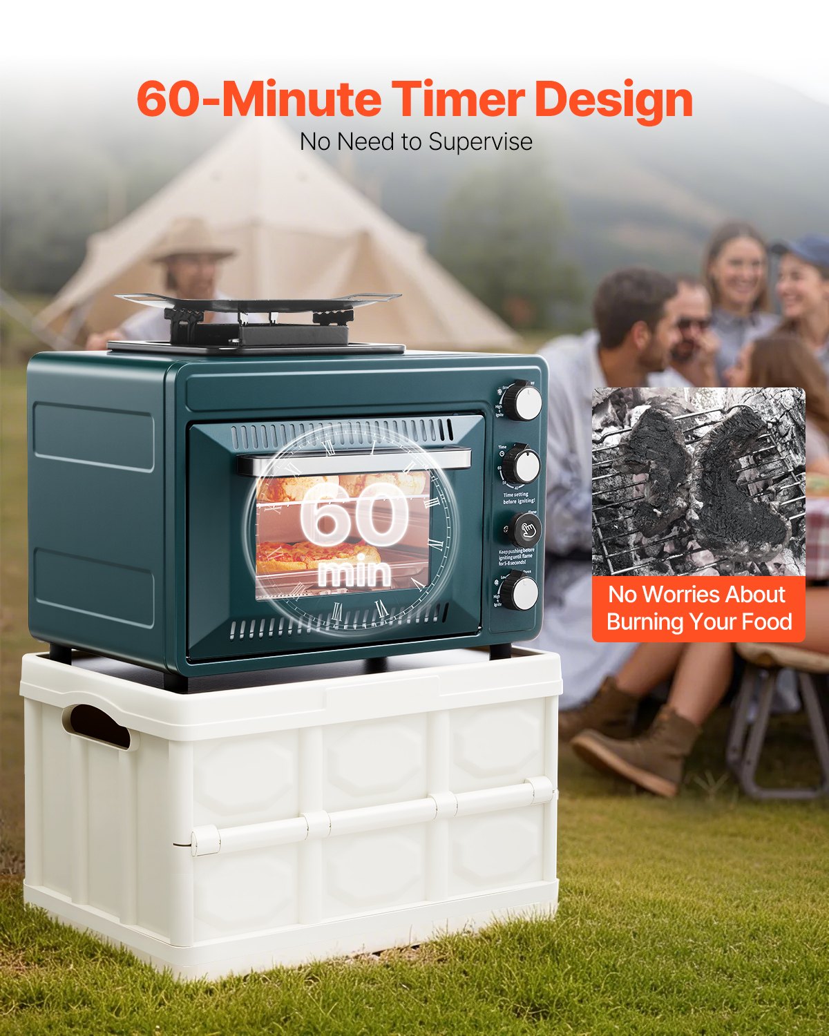 VEVOR Outdoor Ofen 2 in 1 tragbarer Campingofen, einstellbare Feuerrate, 60-Minuten-Timer, winddicht, mit Grillrost und Bratblech, für Campingausrüstung Picknick im Garten Kochen im Freien