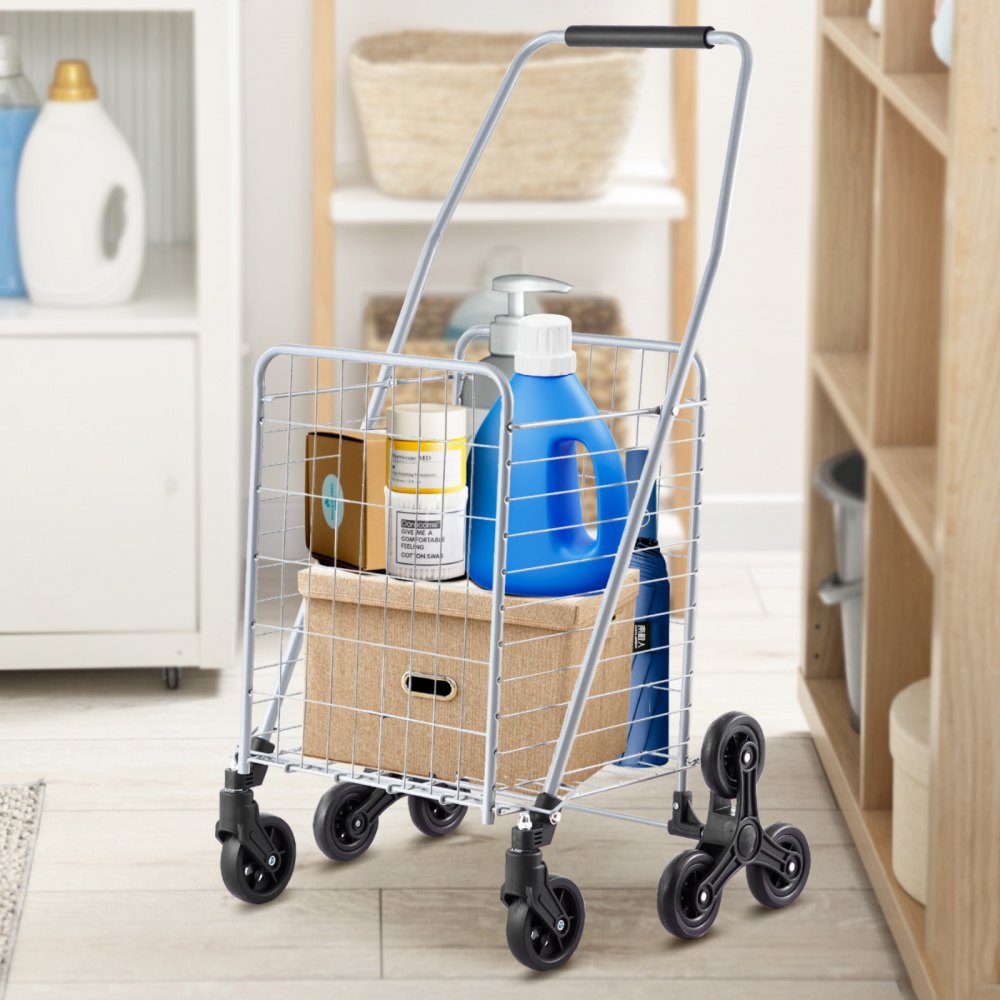VEVOR Treppenkarre, 45 l, Treppensteiger-Einkaufswagen mit 360°-Lenkrädern, Treppensteiger-Mehrzweckwagen mit drei Rädern, faltbar, zusammenklappbar Transportkarre, Ideal für Wäschetransporte, Silber