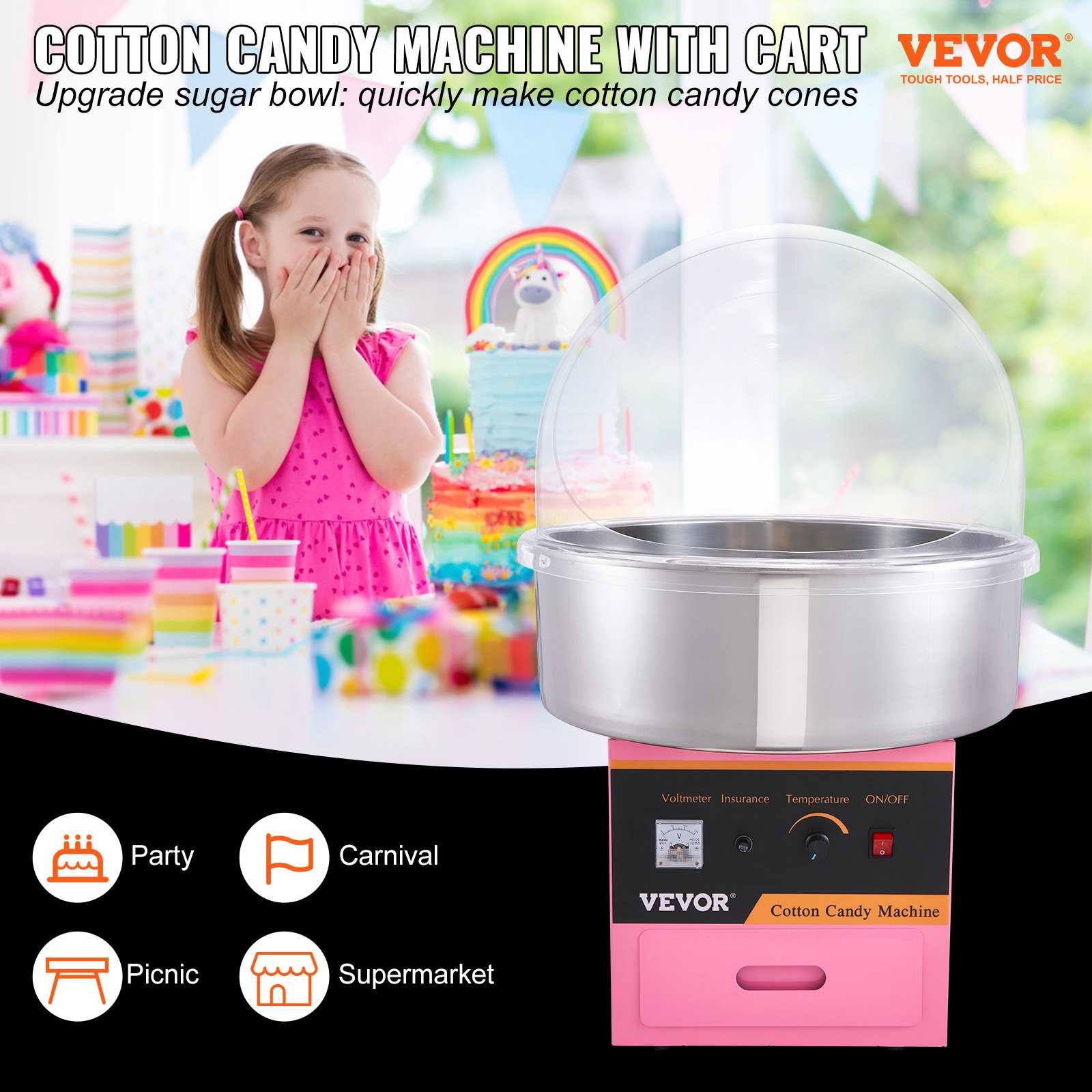 VEVOR Cotton Candy Machine Stainless Steel Cotton Candy Maker Lid 1kW Pink Portable