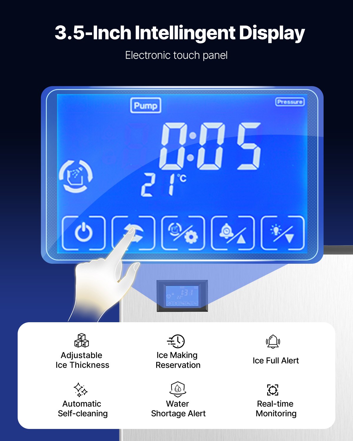 VEVOR gewerblicher Eisbereiter 136 kg/Tag Eismaschine, 80 kg großer Eisvorratsbehälter mit automatischer Eisausgabe (9 kg/Min.), selbstreinigende Eismaschine mit Touchscreen für Bar Restaurant