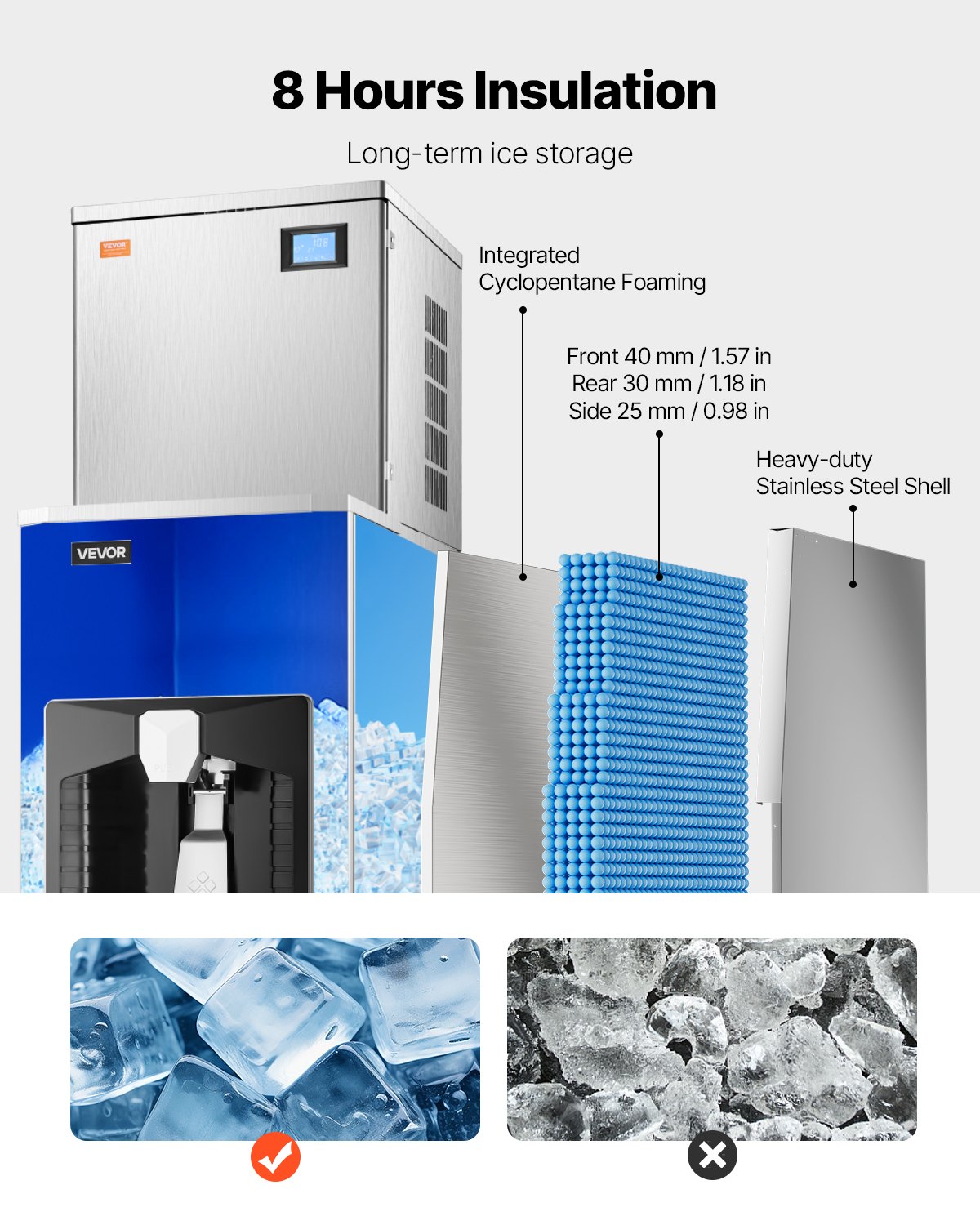 VEVOR commercial ice maker, 181 kg/day ice machine, 80 kg ice storage container with 9 kg/min automatic ice dispensing, self-cleaning ice machine with touchscreen for bar and restaurant