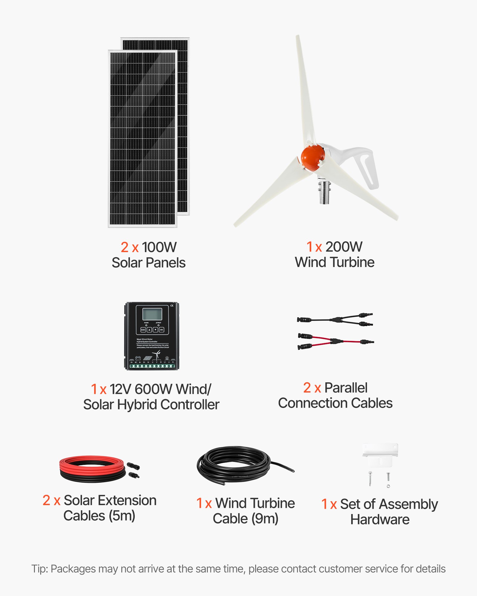 VEVOR 12V 400W Solar-Windkraft-Kit, 2 Stk. 100W monokristalline Solarmodule + 200W Windturbine + MPPT Wind-/Solar-Hybridsystem-Controller für Heim, RV, Boot & Camping, abseits des Stromnetzes