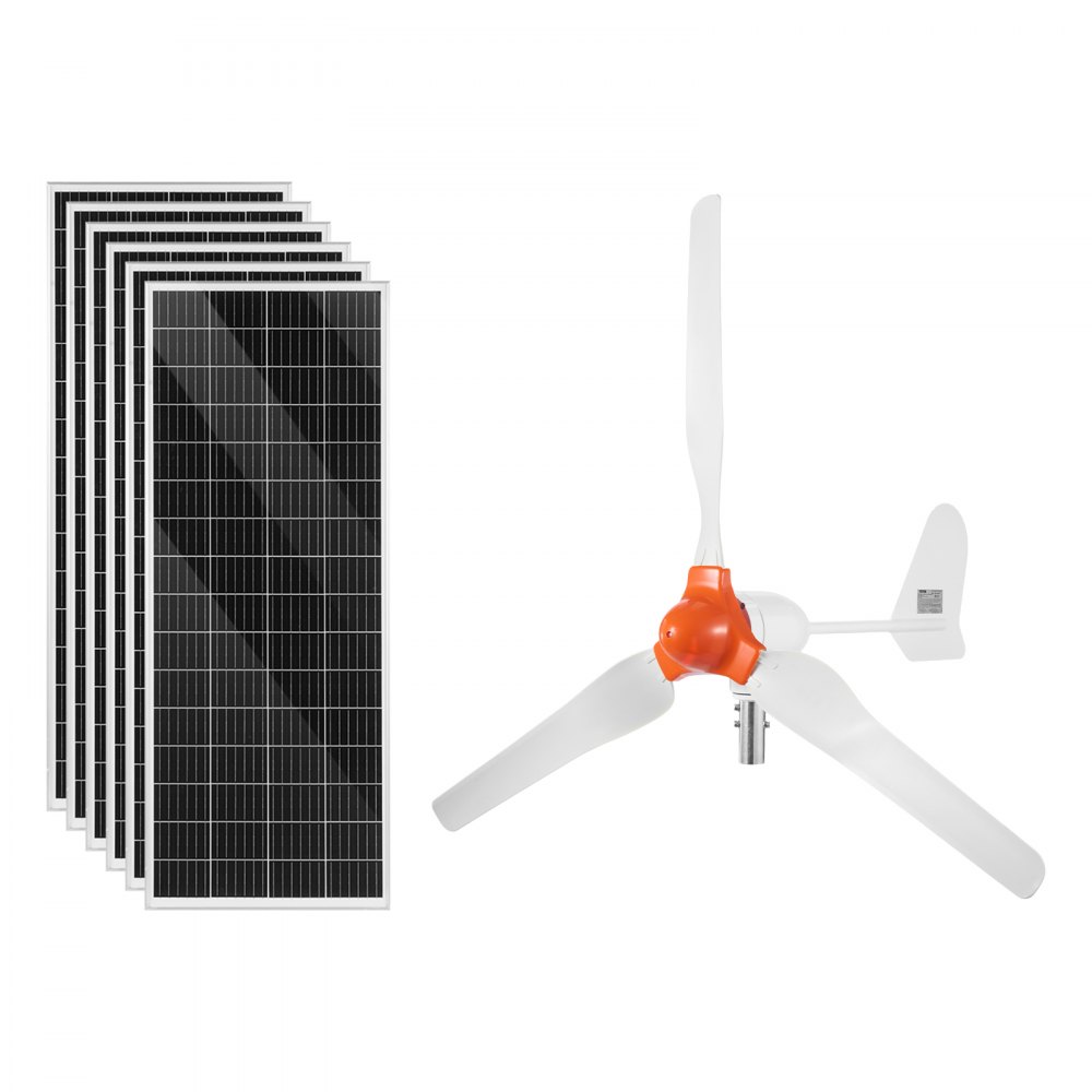 VEVOR 24V 1kW Solar-Windkraft-Kit, 6x 100W monokristallines Panel + 400W Windturbine & Controller + 25,6V 100Ah LiFePO4-Batterie + 24V 3kW Hybrid-Solarwechselrichter für, Boot, Bauernhof, Off-Grid