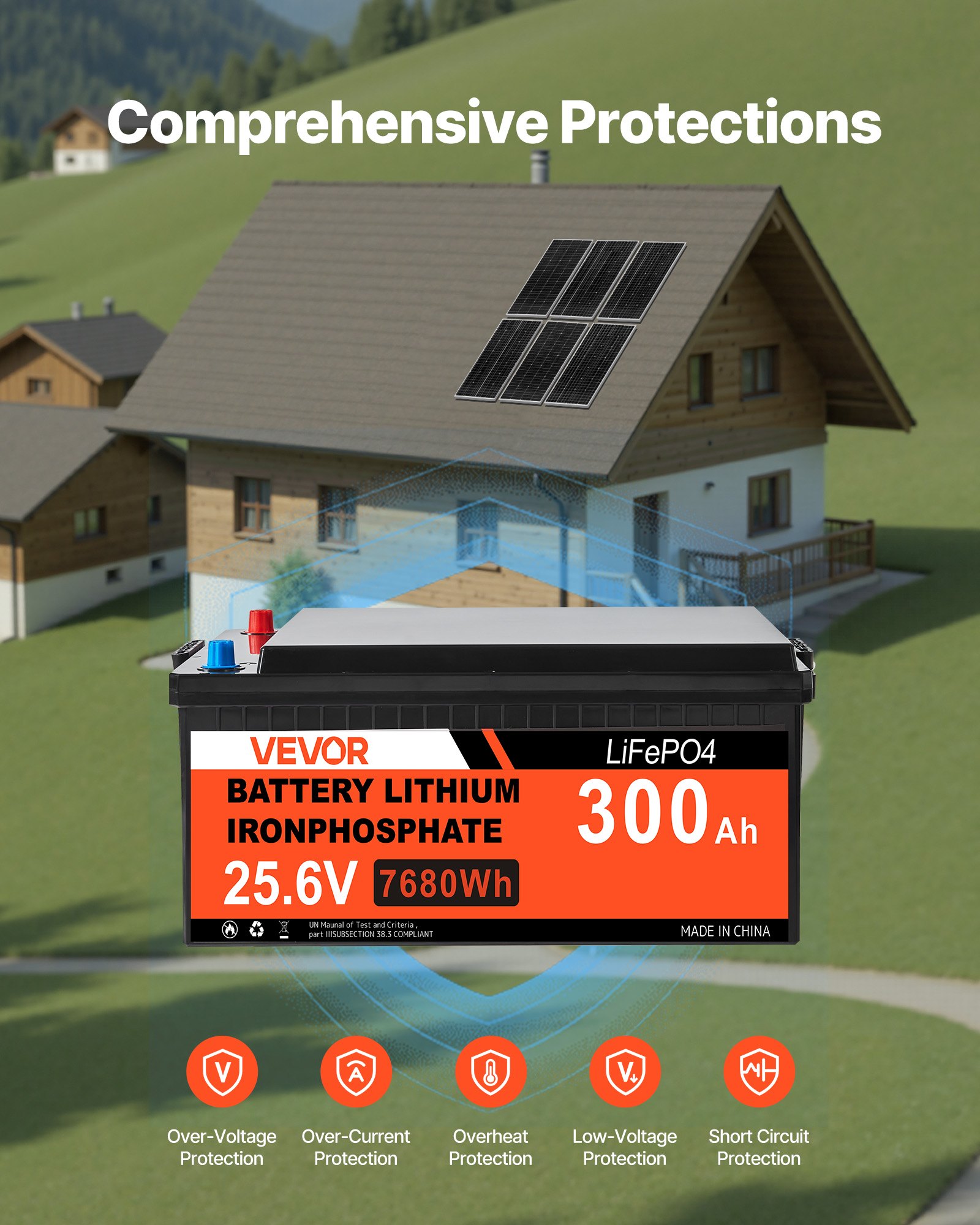 VEVOR 1200W 24V  Solarpanel Komplett-Set, 6 Stk. 200 W monokristalline Solarmodule + 25,6V 300Ah LiFePO₄-Batterie + 24V 3600 W Hybrid-Wechselrichter, Off-Grid-Solar-Kit für große Hausschuppen