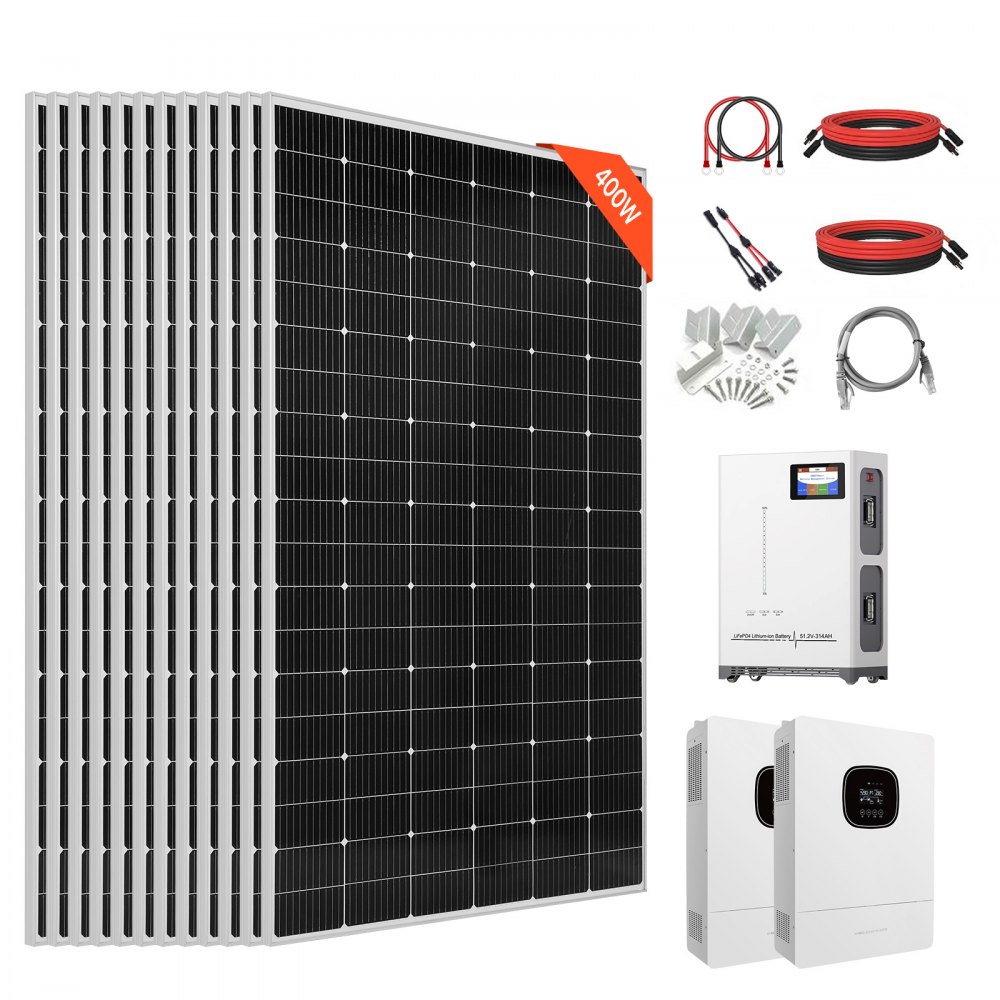 VEVOR 4800W 48V Solarpanel-Set, 12x 400W monokristalline Solarmodule + 51,2V 300Ah LiFePO₄-Batterie + 2x 5kW Hybrid-Wechselrichter, leistungsstarkes Off-Grid-Solar-Kit für Hausschuppen Bauernhöfe