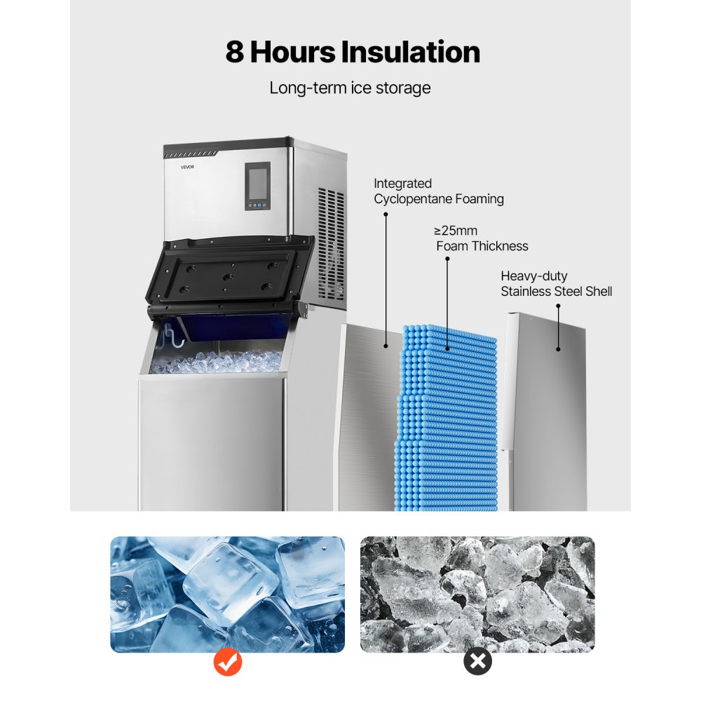 VEVOR gewerbliche Eismaschine, 136 kg/Tag Eisbereiter mit 136 kg Edelstahl-Vorratsbehälter, automatisch selbstreinigende Eismaschine mit Touchscreen für Bar Café Restaurant Geschäft Gewerbe