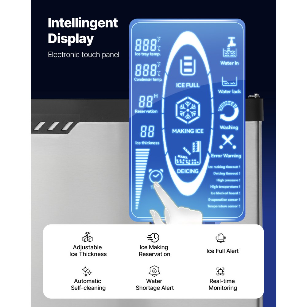 VEVOR gewerbliche Eismaschine, 136 kg/Tag Eisbereiter mit 136 kg Edelstahl-Vorratsbehälter, automatisch selbstreinigende Eismaschine mit Touchscreen für Bar Café Restaurant Geschäft Gewerbe