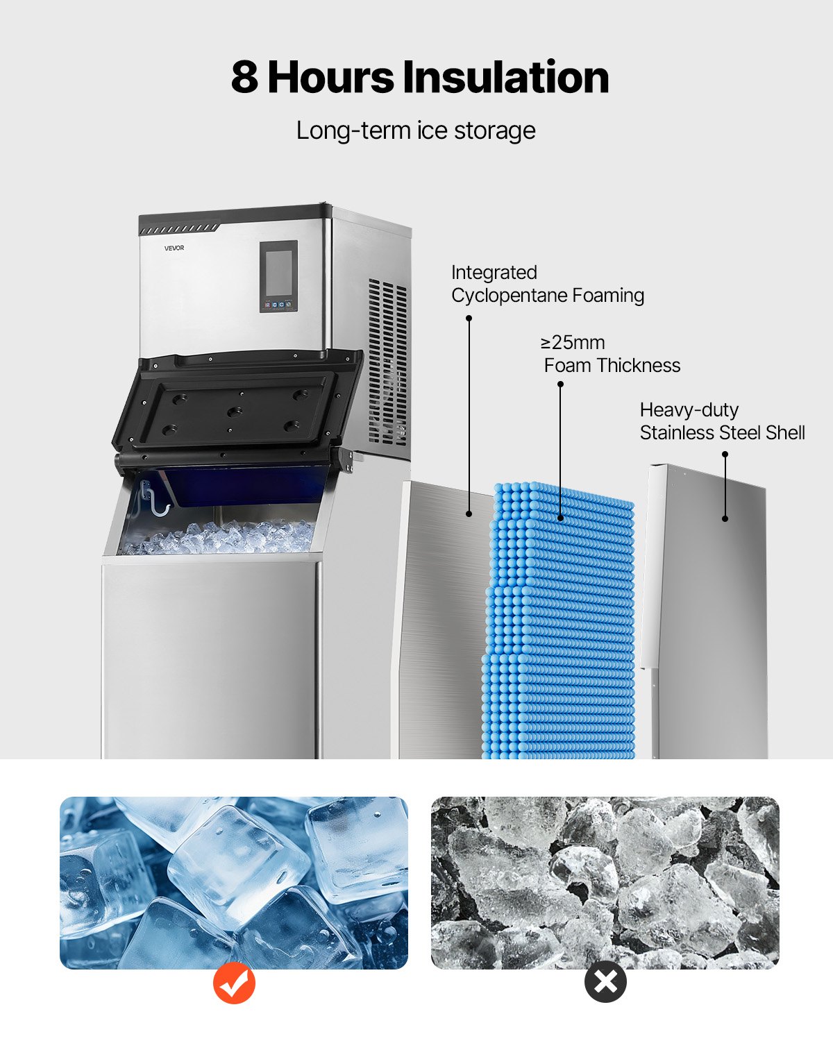 VEVOR gewerbliche Eismaschine, 136 kg/Tag Eisbereiter mit 136 kg Edelstahl-Vorratsbehälter, automatisch selbstreinigende Eismaschine mit Touchscreen für Bar Café Restaurant Geschäft Gewerbe