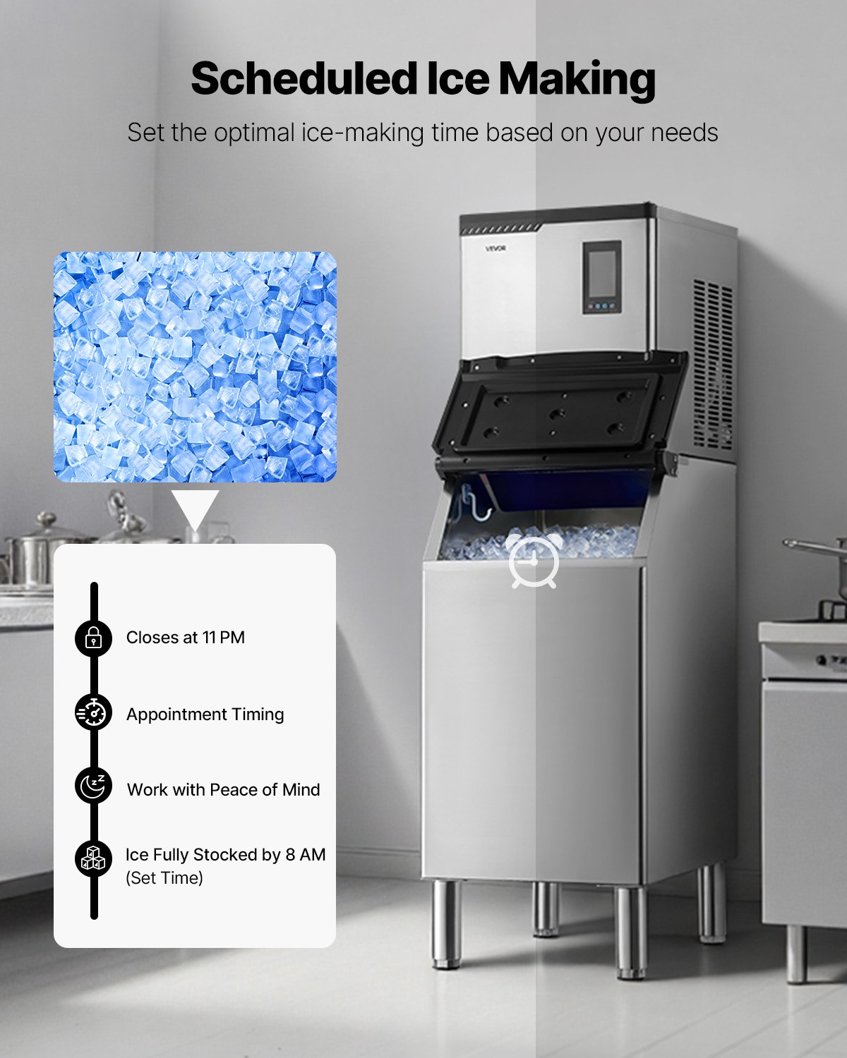 VEVOR gewerbliche Eismaschine, 136 kg/Tag Eisbereiter mit 136 kg Edelstahl-Vorratsbehälter, automatisch selbstreinigende Eismaschine mit Touchscreen für Bar Café Restaurant Geschäft Gewerbe