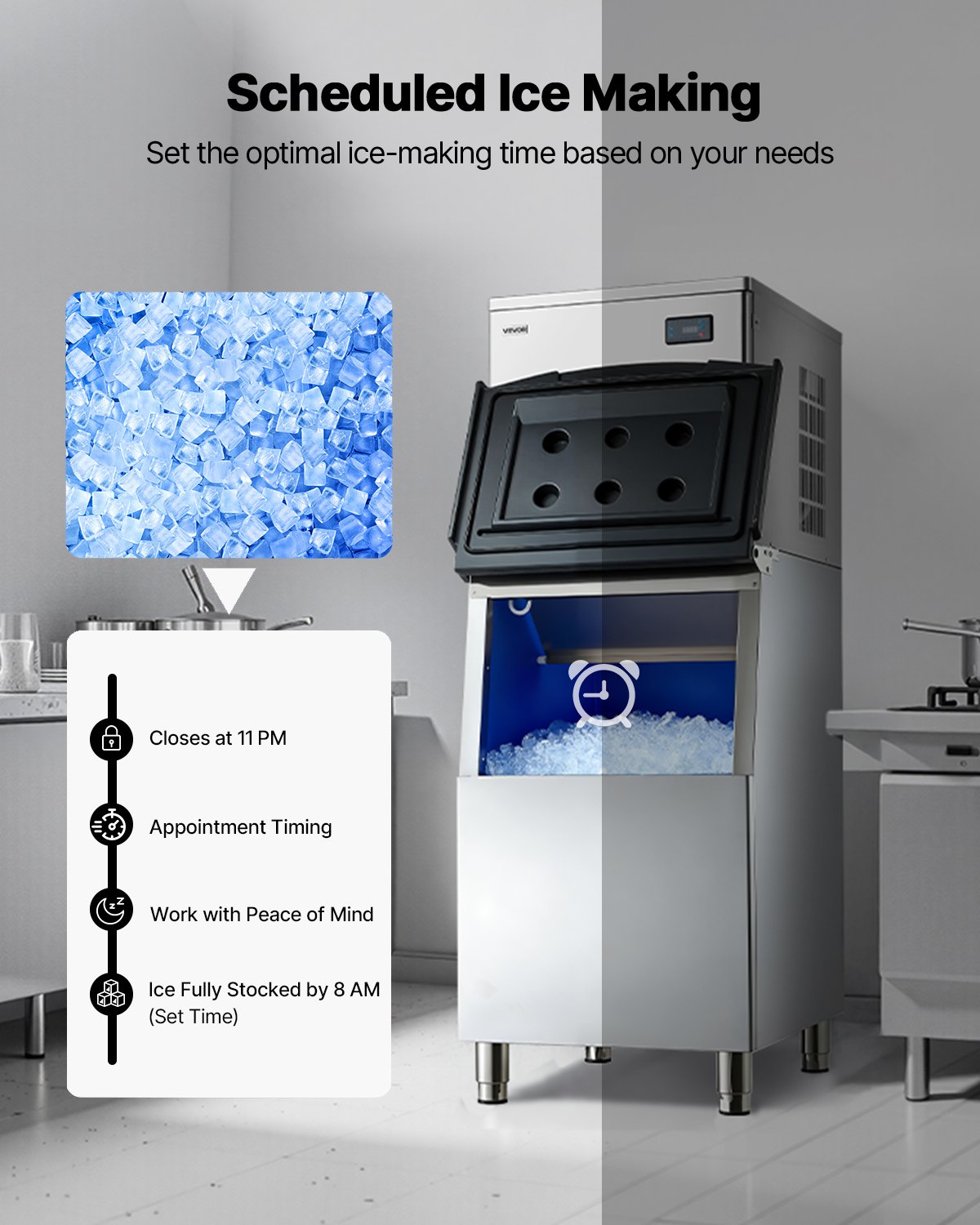 VEVOR gewerbliche Eismaschine, 204 kg/Tag Eisbereiter mit 113 kg Edelstahl-Vorratsbehälter, automatisch selbstreinigende Eismaschine mit Touchscreen für Bar, Café, Restaurant, Geschäft, Gewerbe