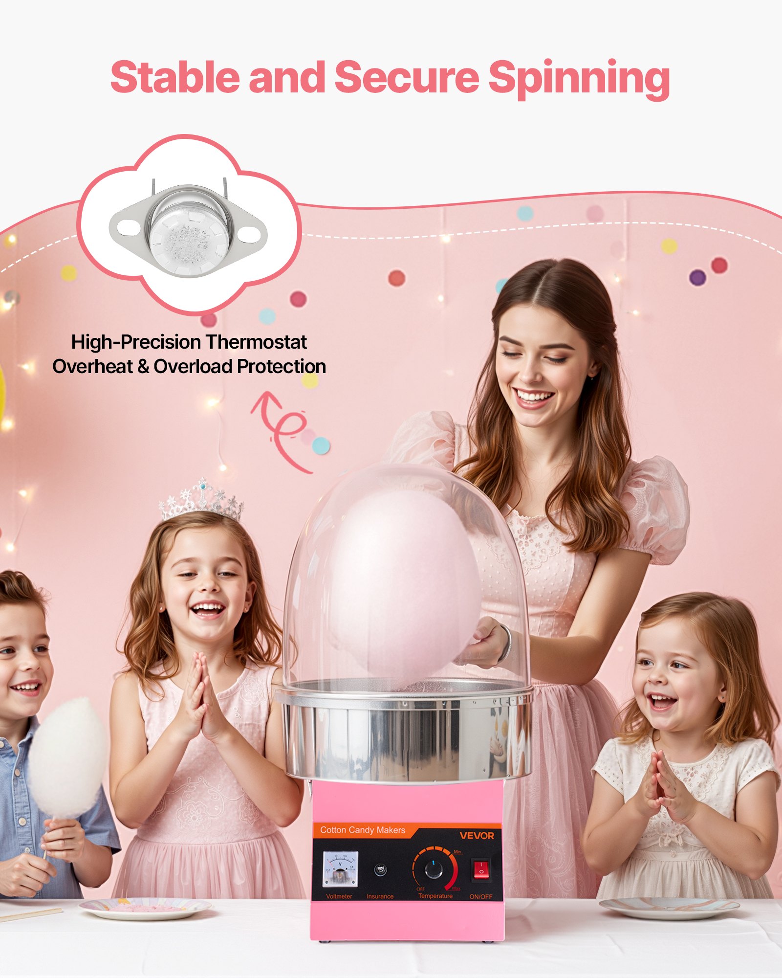 VEVOR Elektrische Zuckerwattemaschine 1000 W, Zuckerwattenmacher mit Abdeckung & Edelstahlschüssel & Zuckerlöffel, Ideal für Karneval Geburtstage Familienfeiern, Zuckerwattegerät Rosa
